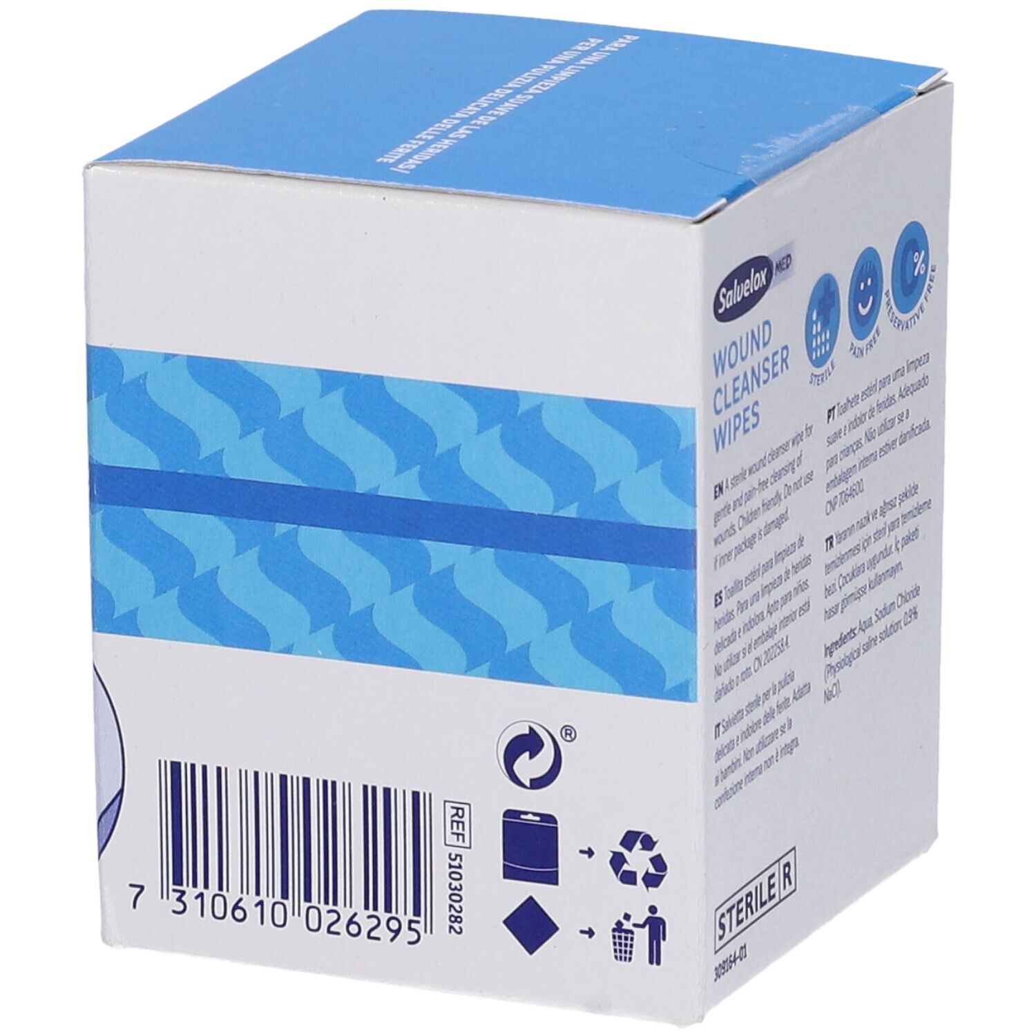 Retro della confezione di salviette detergenti per ferite Salvelox Med. Codice a barre, simboli di riciclaggio e indicazione di sterilità.