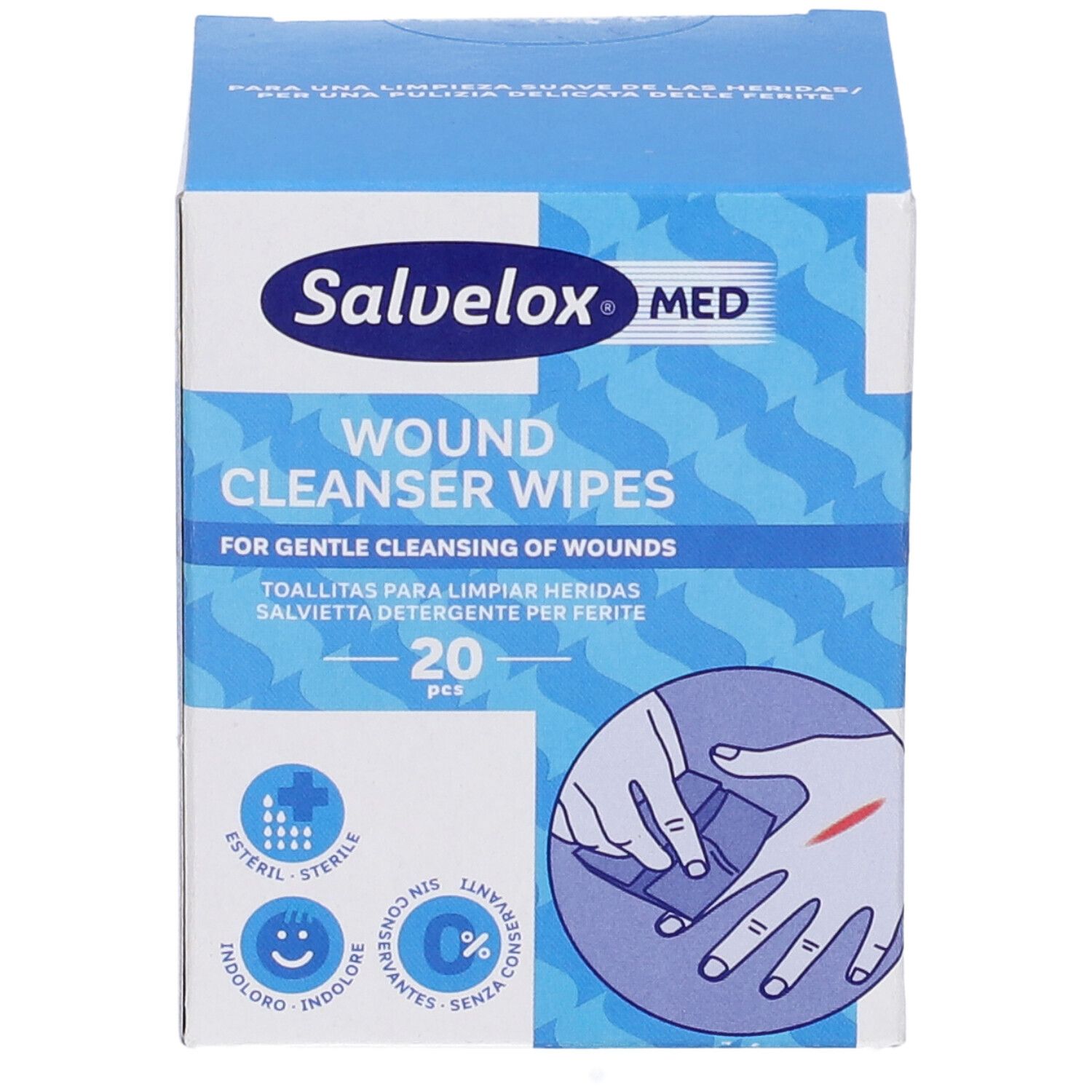 Vista frontale della confezione di salviette detergenti per ferite Salvelox Med. 20 pezzi. Illustrazione di una mano con una ferita.
