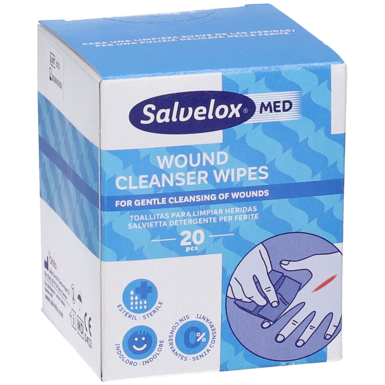 Scatola di salviette detergenti per ferite Salvelox Med. 20 pezzi. Illustrazione di una mano con una ferita. Confezione blu e bianca.