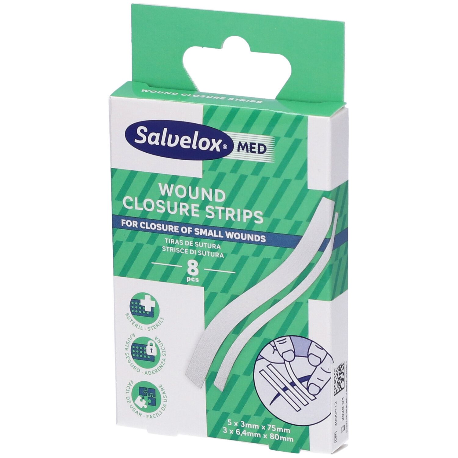 Confezione di strisce di sutura Salvelox MED. Contiene 8 pezzi. Scritto: WOUND CLOSURE STRIPS per piccole ferite.