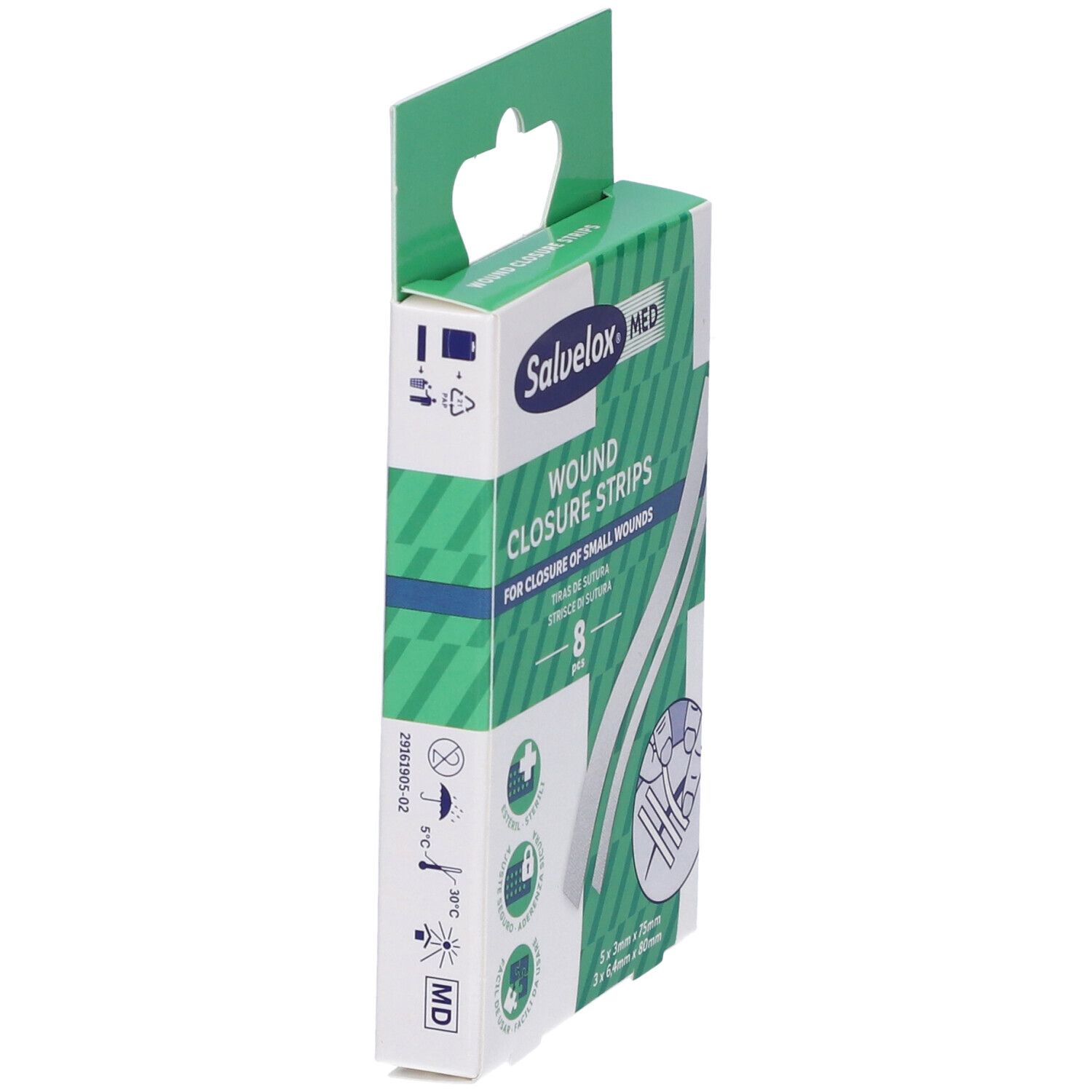 Confezione di strisce di sutura Salvelox MED. Vista laterale. Contiene 8 pezzi. Scritto: WOUND CLOSURE STRIPS.