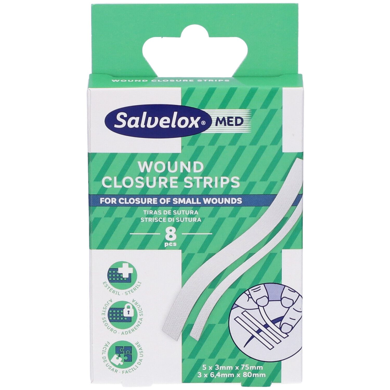 Confezione di strisce di sutura Salvelox MED. Contiene 8 pezzi. Scritto: WOUND CLOSURE STRIPS per piccole ferite.