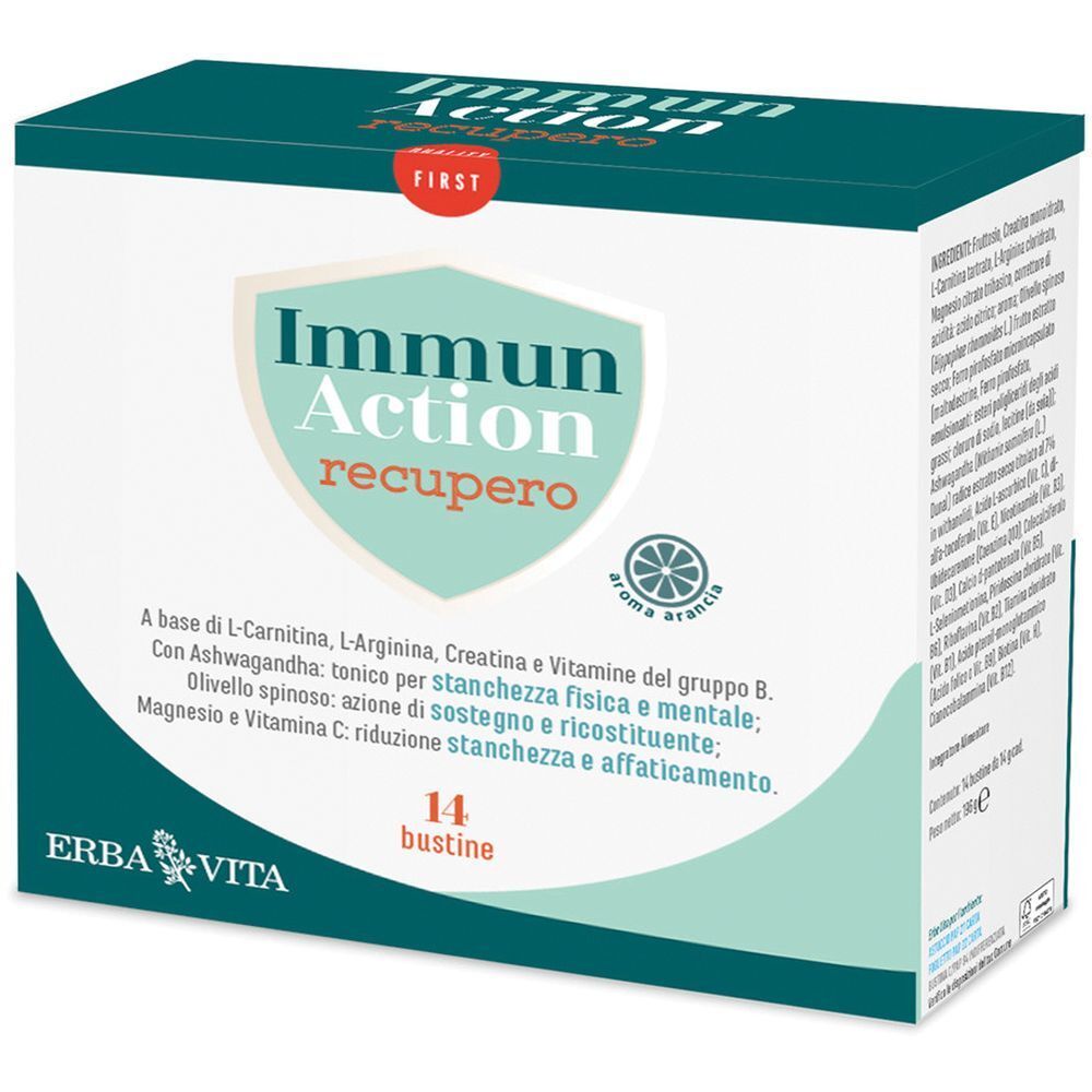 Confezione di 14 bustine. Scritta: Immun Action recupero. Marchio: Erba Vita. Ingredienti e logo visibili.