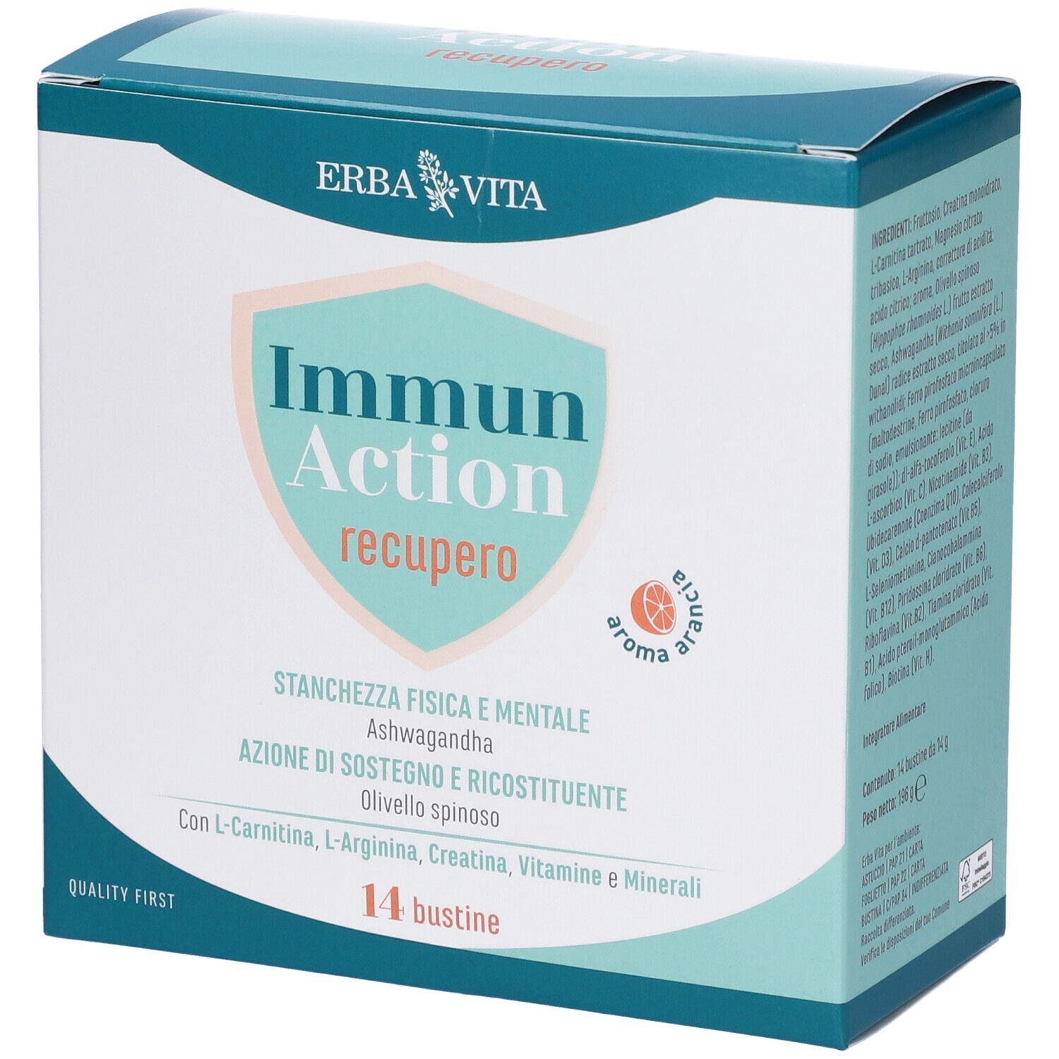 Confezione di 14 bustine. Scritta: Immun Action recupero. Marchio: Erba Vita. Ingredienti e logo visibili.