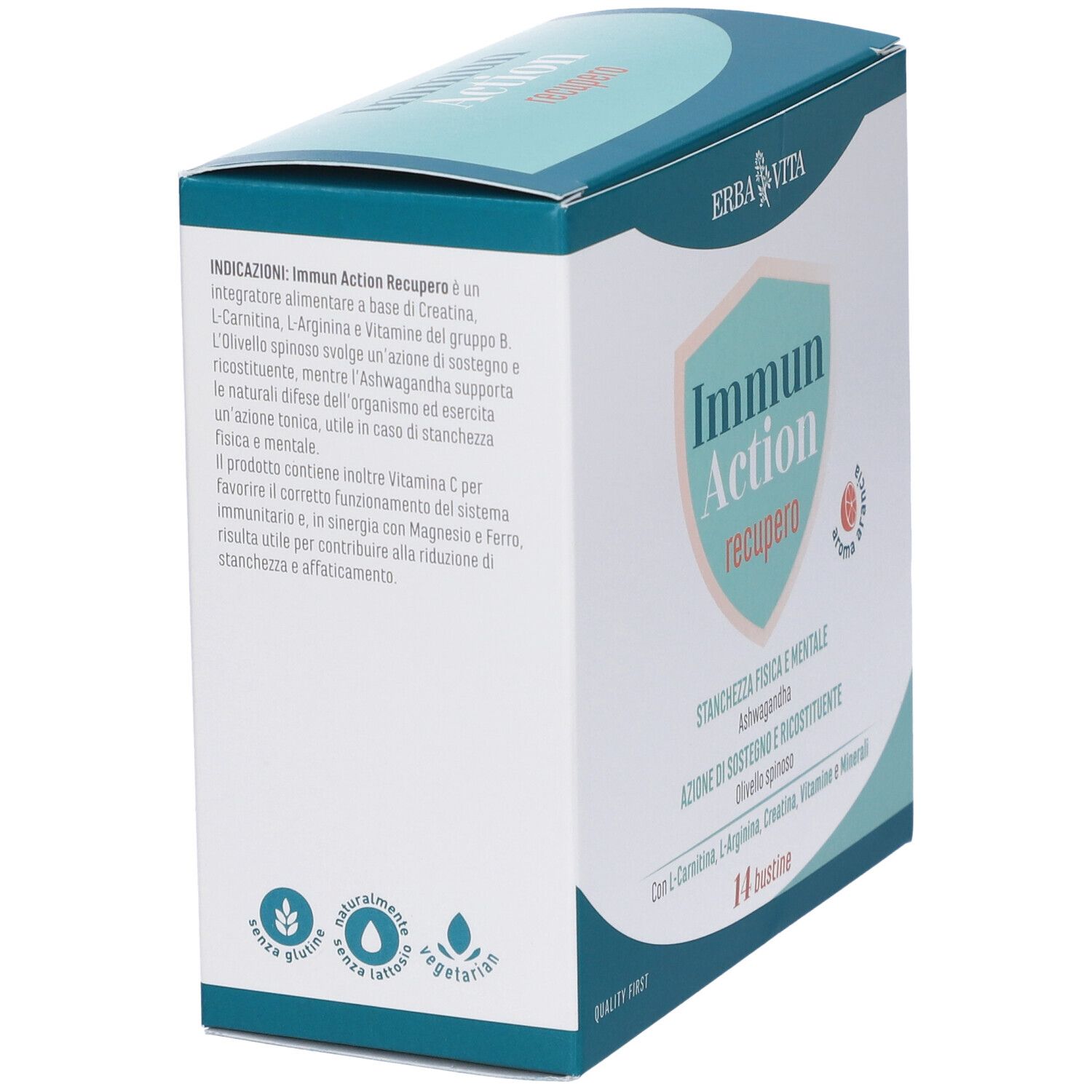 Confezione di 14 bustine. Scritta: Immun Action recupero. Marchio: Erba Vita. Ingredienti e logo visibili.