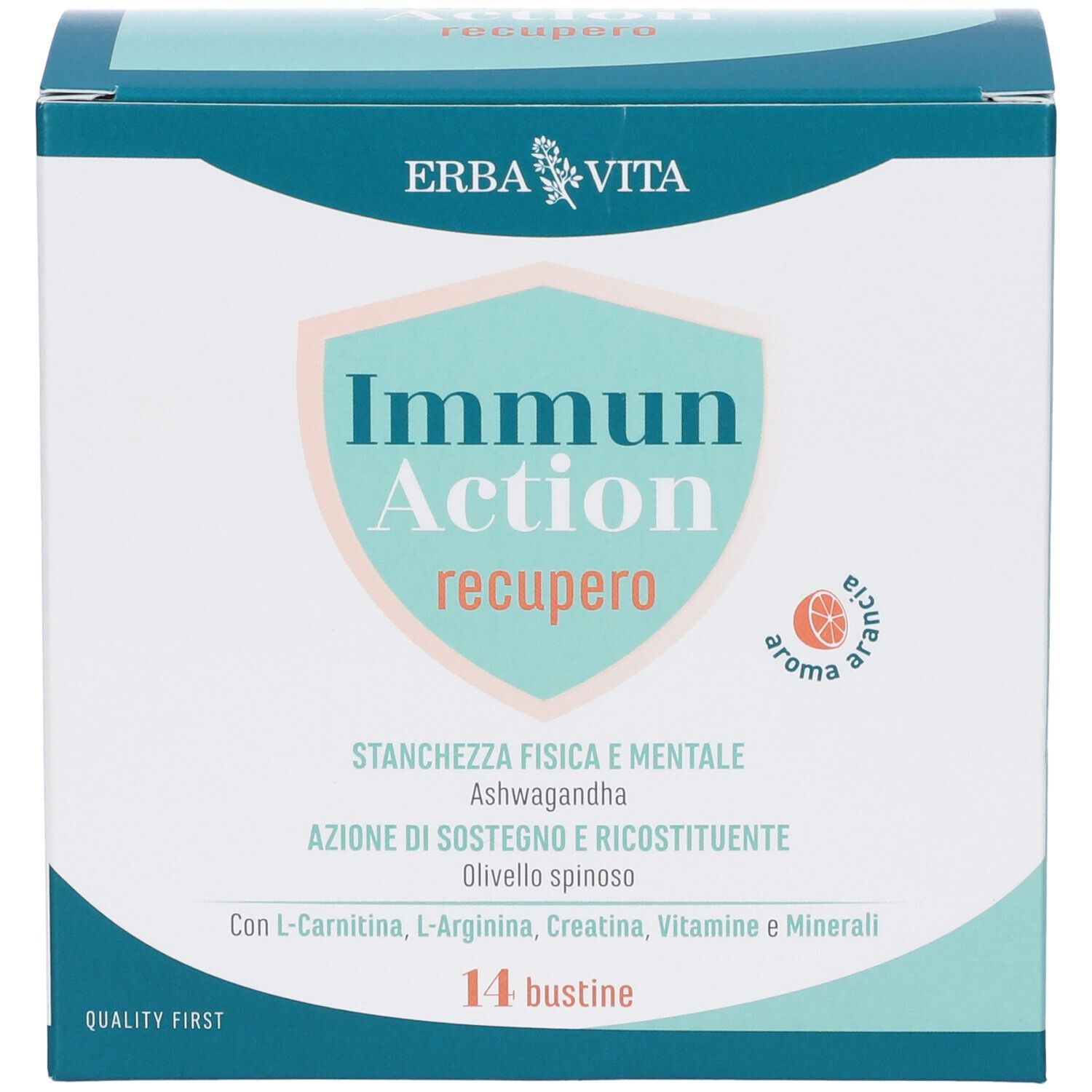 Confezione di 14 bustine. Scritta: Immun Action recupero. Marchio: Erba Vita. Ingredienti e logo visibili.