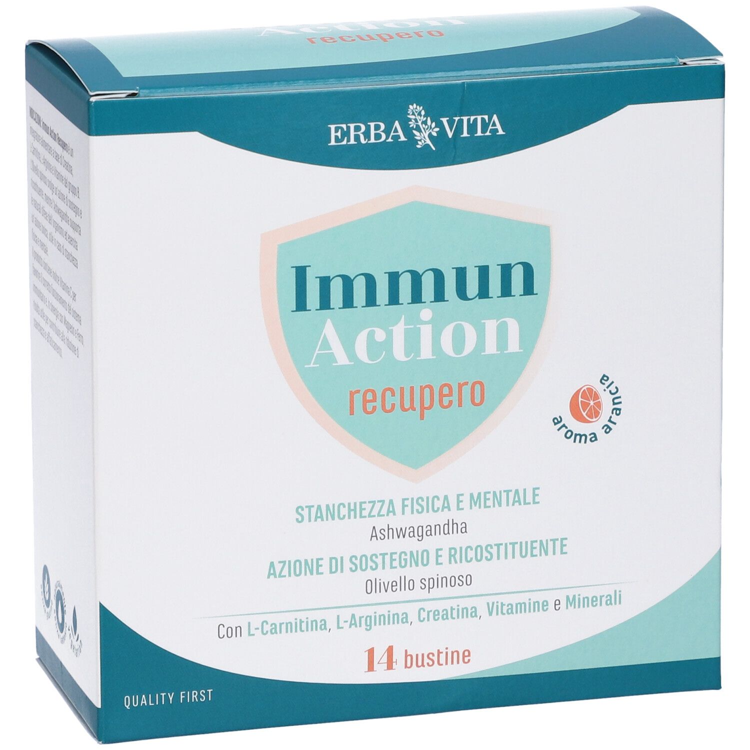 Confezione di 14 bustine. Scritta: Immun Action recupero. Marchio: Erba Vita. Ingredienti e logo visibili.