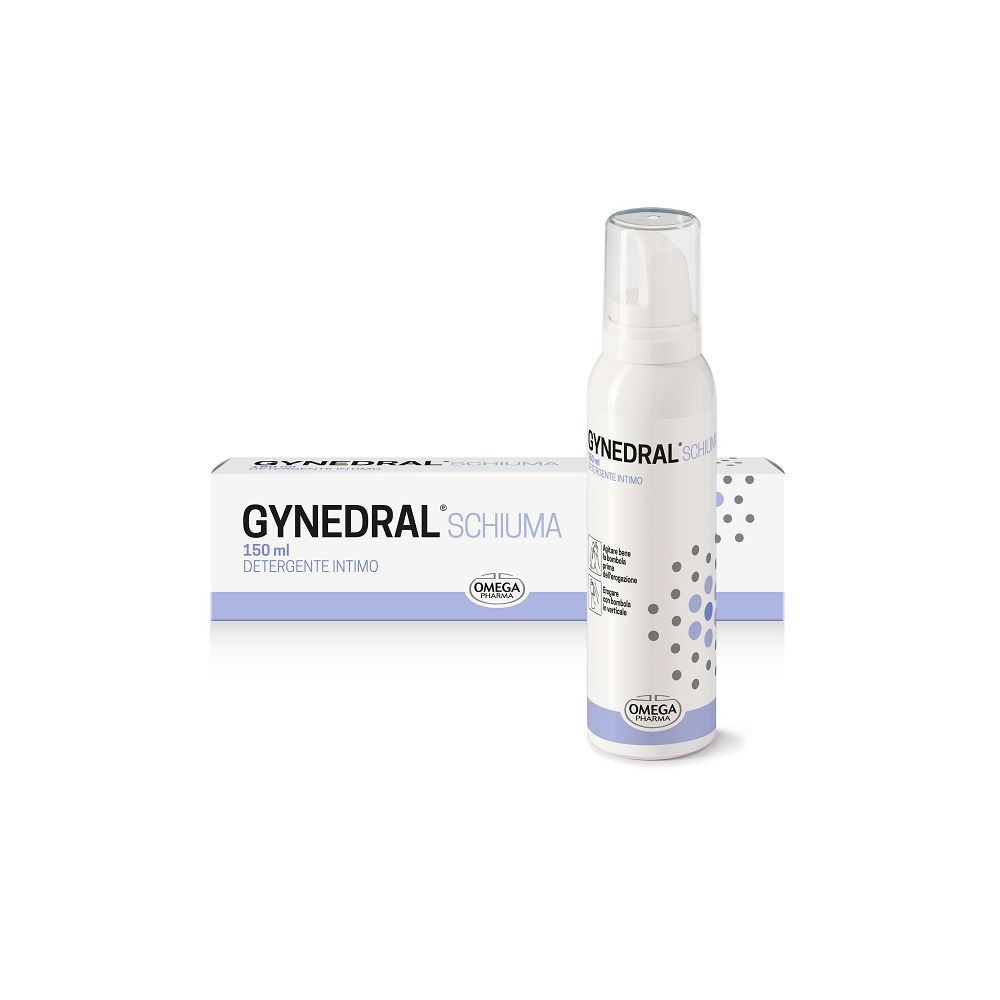 Flacone e scatola bianchi. Scritta: Gynedral Schiuma Detergente Intimo. Marchio Omega.