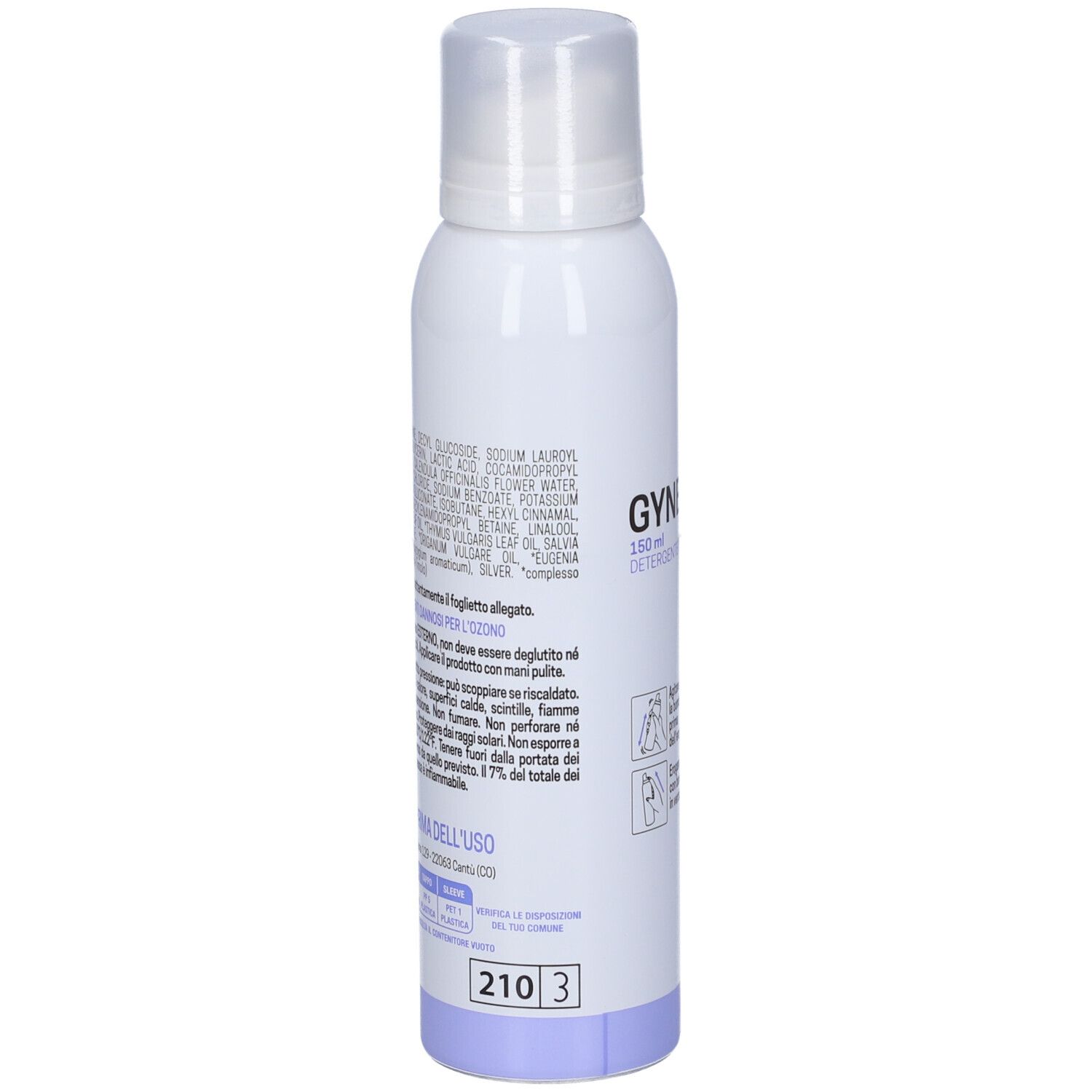 Flacone bianco con scritta: Gynedral Schiuma Detergente Intimo. Marchio Omega Pharma. Ingredienti.