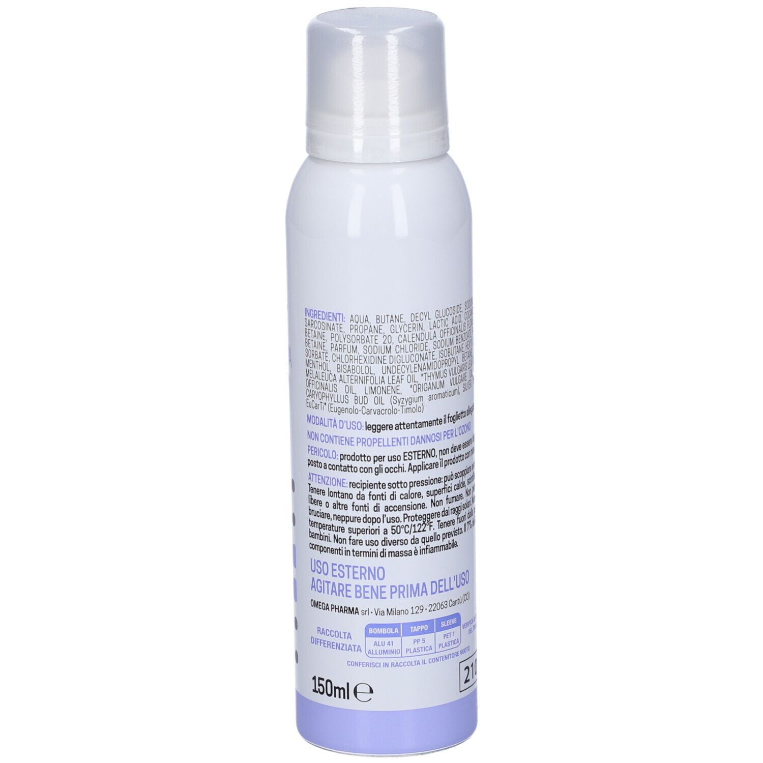 Flacone bianco con scritta: Gynedral Schiuma Detergente Intimo. Marchio Omega Pharma. Ingredienti.