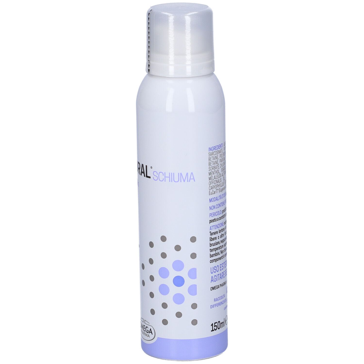 Flacone bianco con scritta: Gynedral Schiuma Detergente Intimo. Marchio Omega Pharma. 150ml.