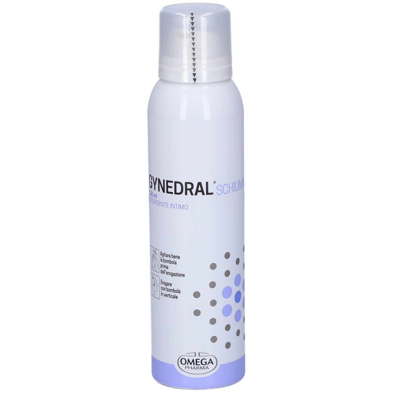 Flacone bianco con scritta: Gynedral Schiuma Detergente Intimo. Marchio Omega Pharma. 150ml.