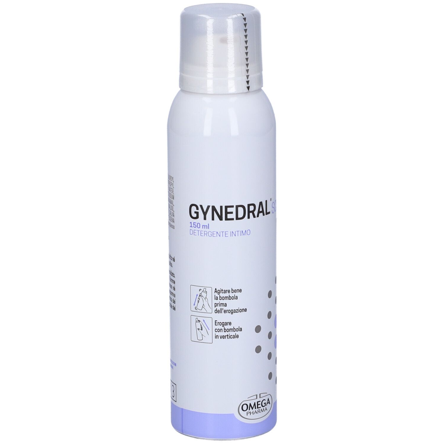 Flacone bianco con scritta: Gynedral Schiuma Detergente Intimo. Marchio Omega Pharma. 150ml.