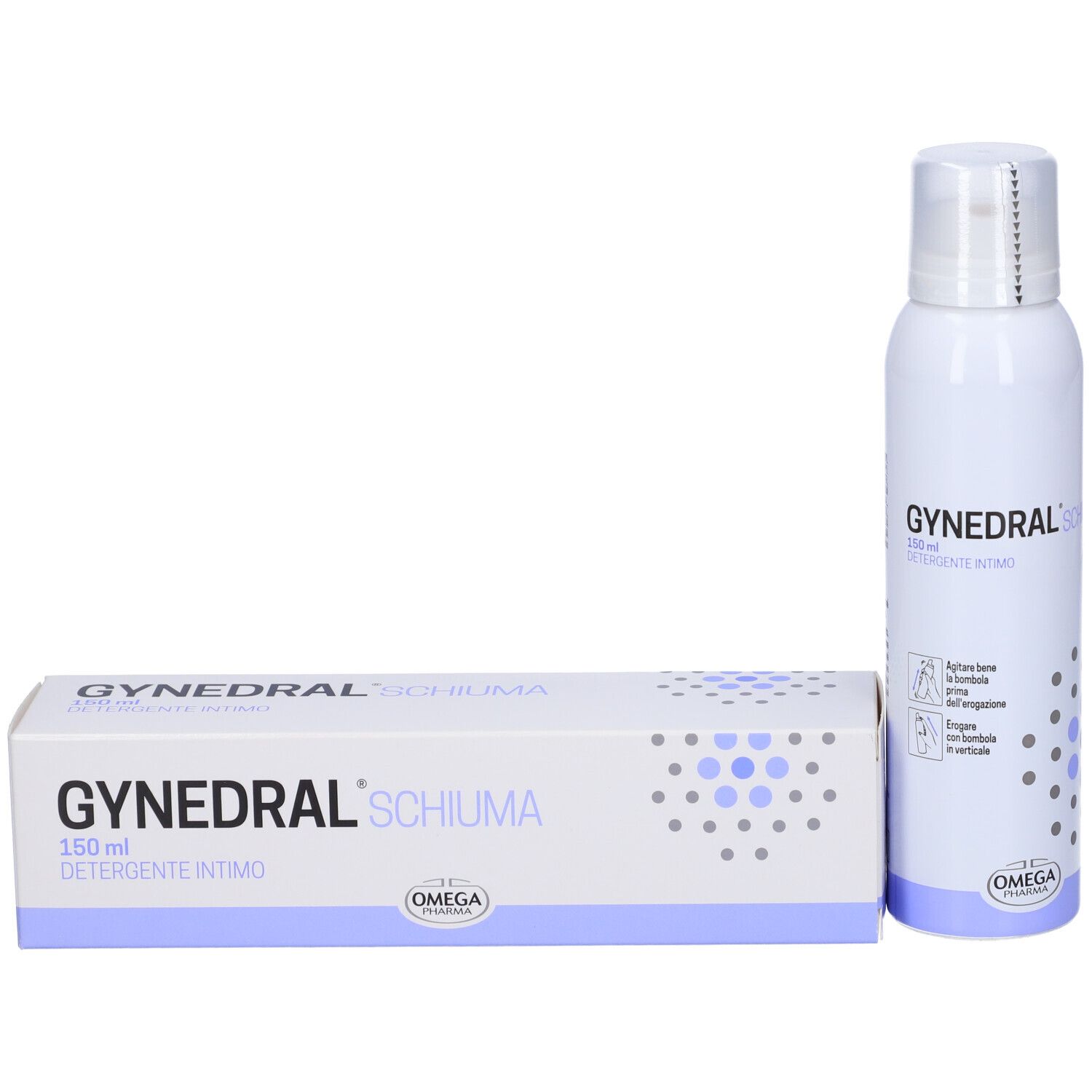 Flacone e scatola bianchi. Scritta: Gynedral Schiuma Detergente Intimo. Marchio Omega.