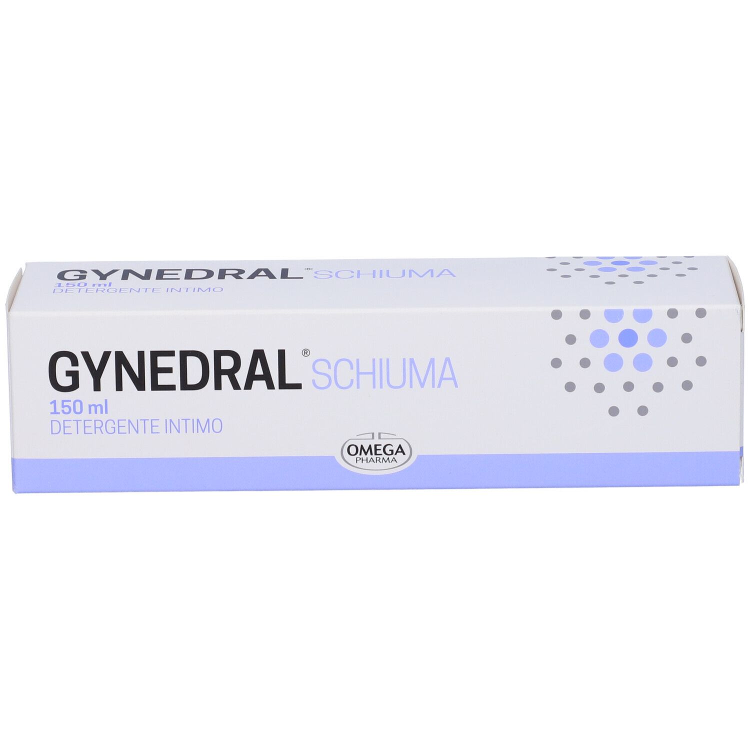 Scatola con scritta: Gynedral Schiuma Detergente Intimo. Marchio Omega. 150ml.