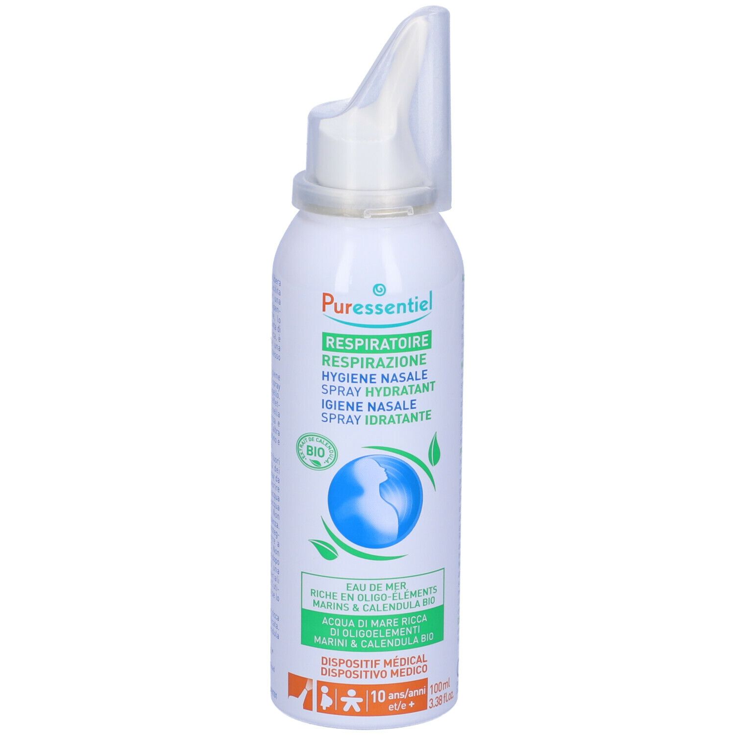 Flacone bianco con erogatore nasale. Scritta: Puressentiel, Respiratory, Hygiene Nasale, Spray Hydratant. Con marchio Bio.