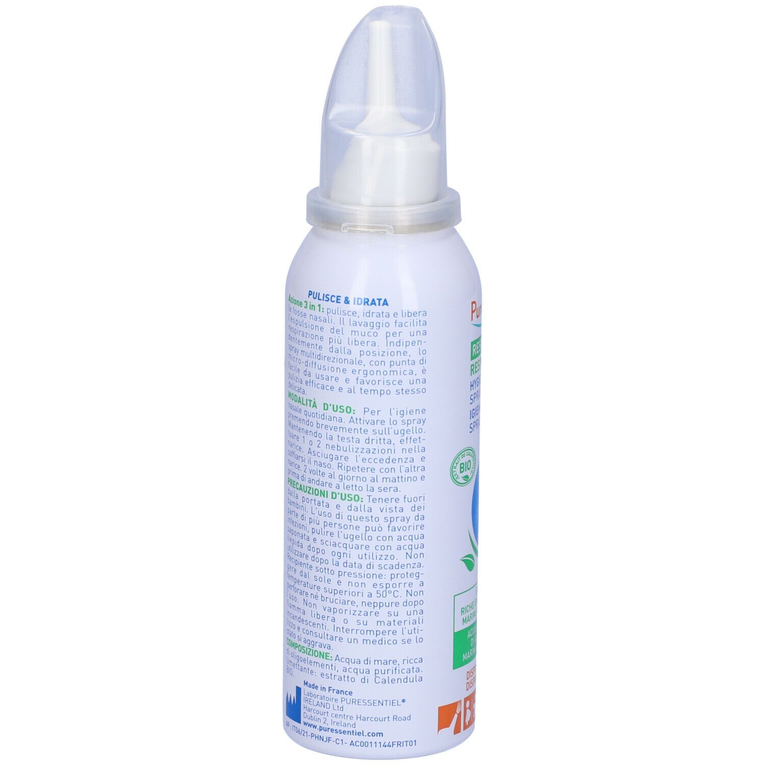 Retro del flacone bianco con testo. Scritta: Puressentiel, istruzioni per l'uso, ingredienti. Con marchio Bio.