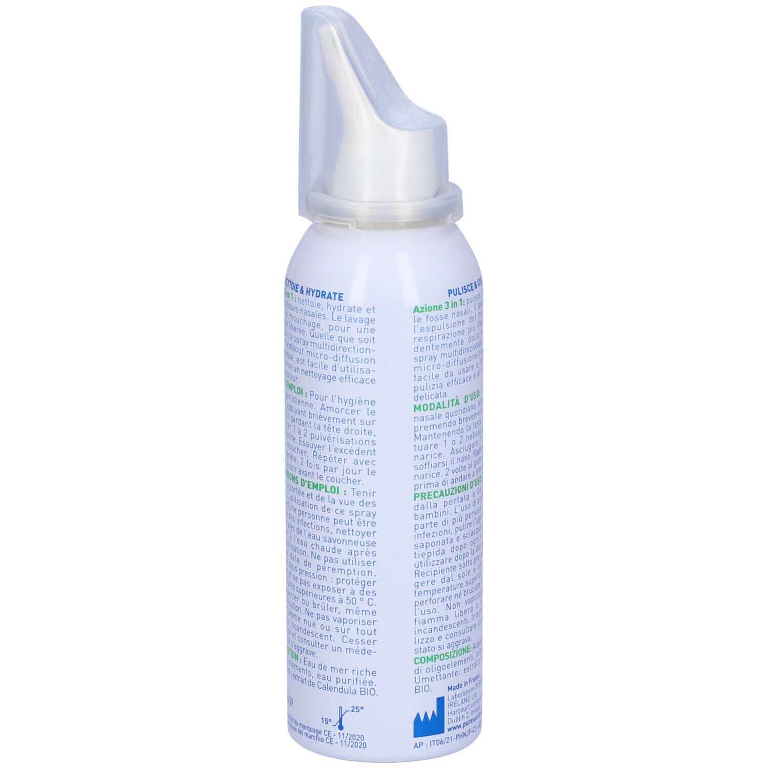 Retro del flacone bianco con testo. Scritta: Puressentiel, istruzioni per l'uso, ingredienti. Con marchio Bio.