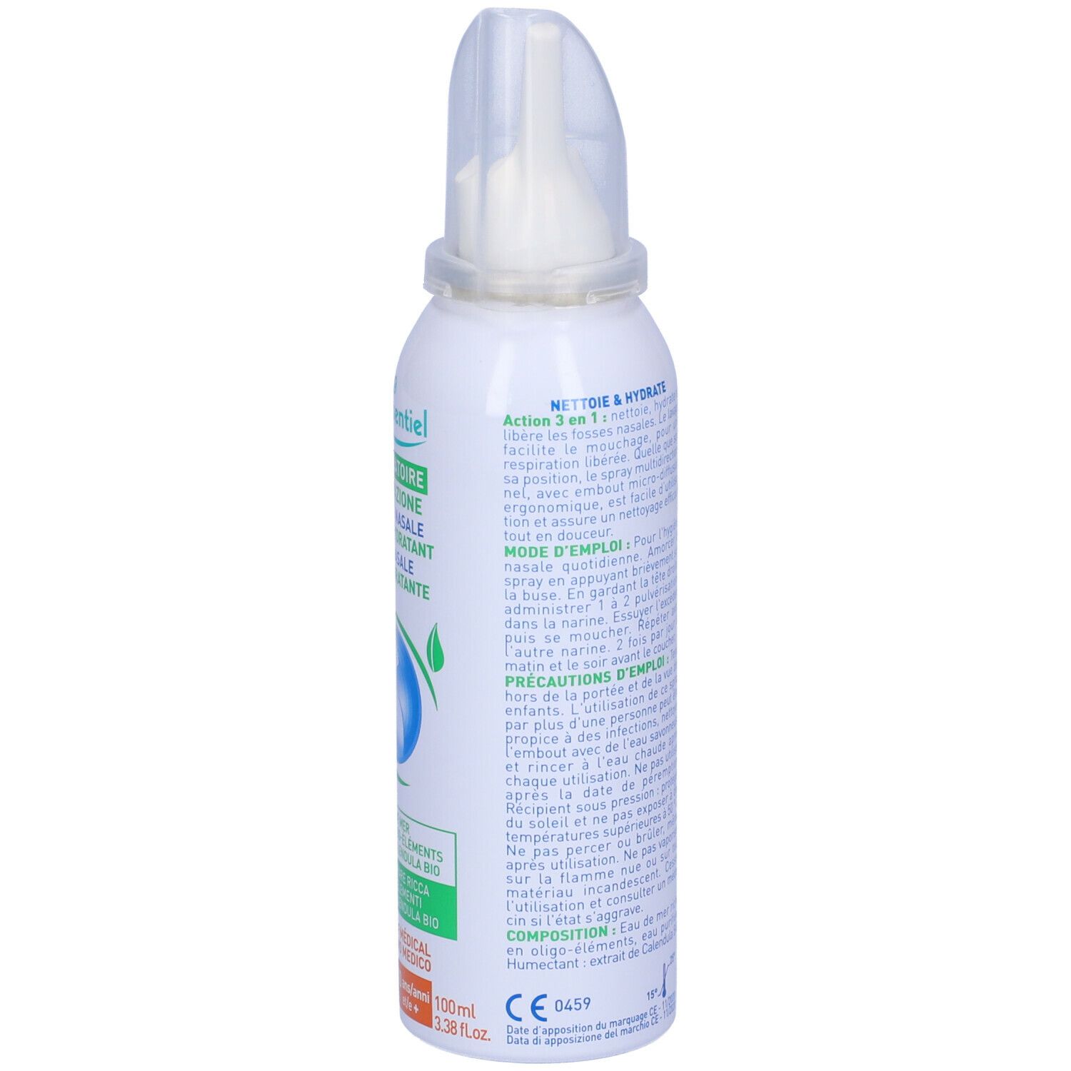 Retro del flacone bianco con testo. Scritta: Puressentiel, istruzioni per l'uso, ingredienti. Con marchio Bio.