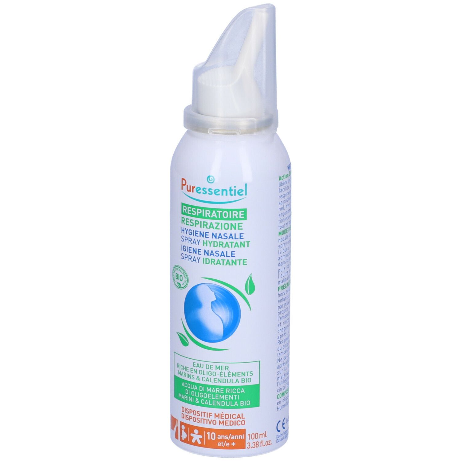 Flacone bianco con erogatore nasale. Scritta: Puressentiel, Respiratory, Hygiene Nasale, Spray Hydratant. Con marchio Bio.