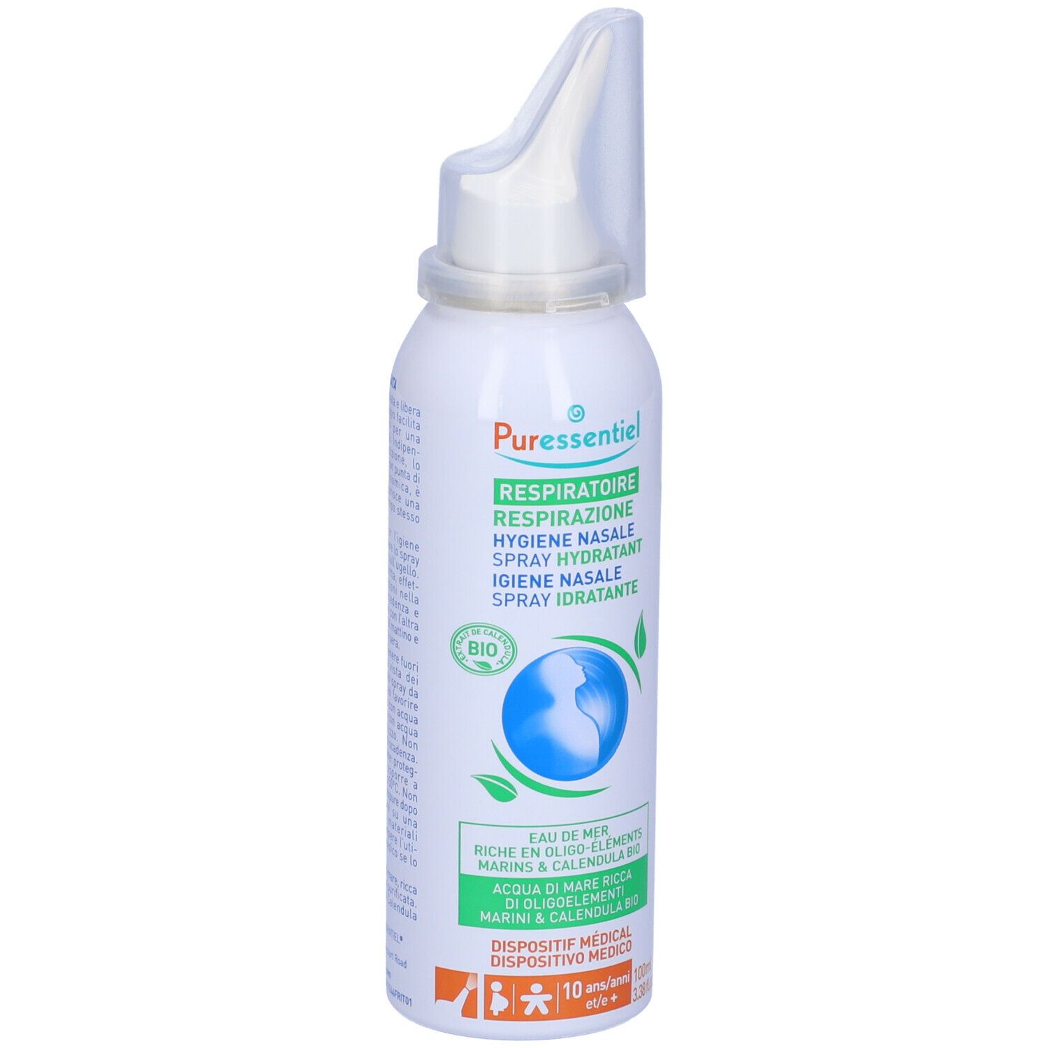 Flacone bianco con erogatore nasale. Scritta: Puressentiel, Respiratory, Hygiene Nasale, Spray Hydratant. Con marchio Bio.