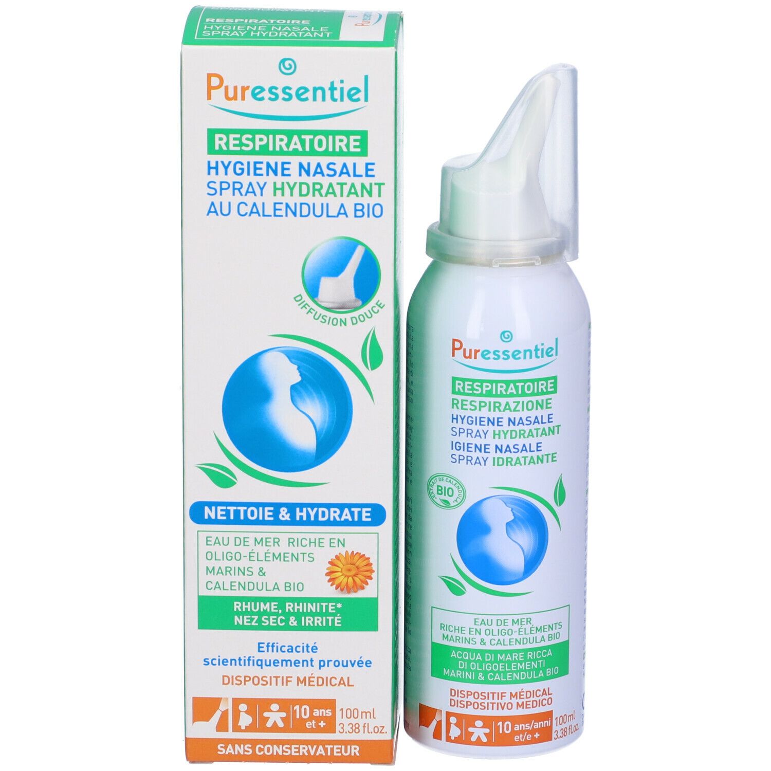 Confezione e flacone. Scritta: Puressentiel, Respiratory, Hygiene Nasale, Spray Hydratant. Con marchio Bio.