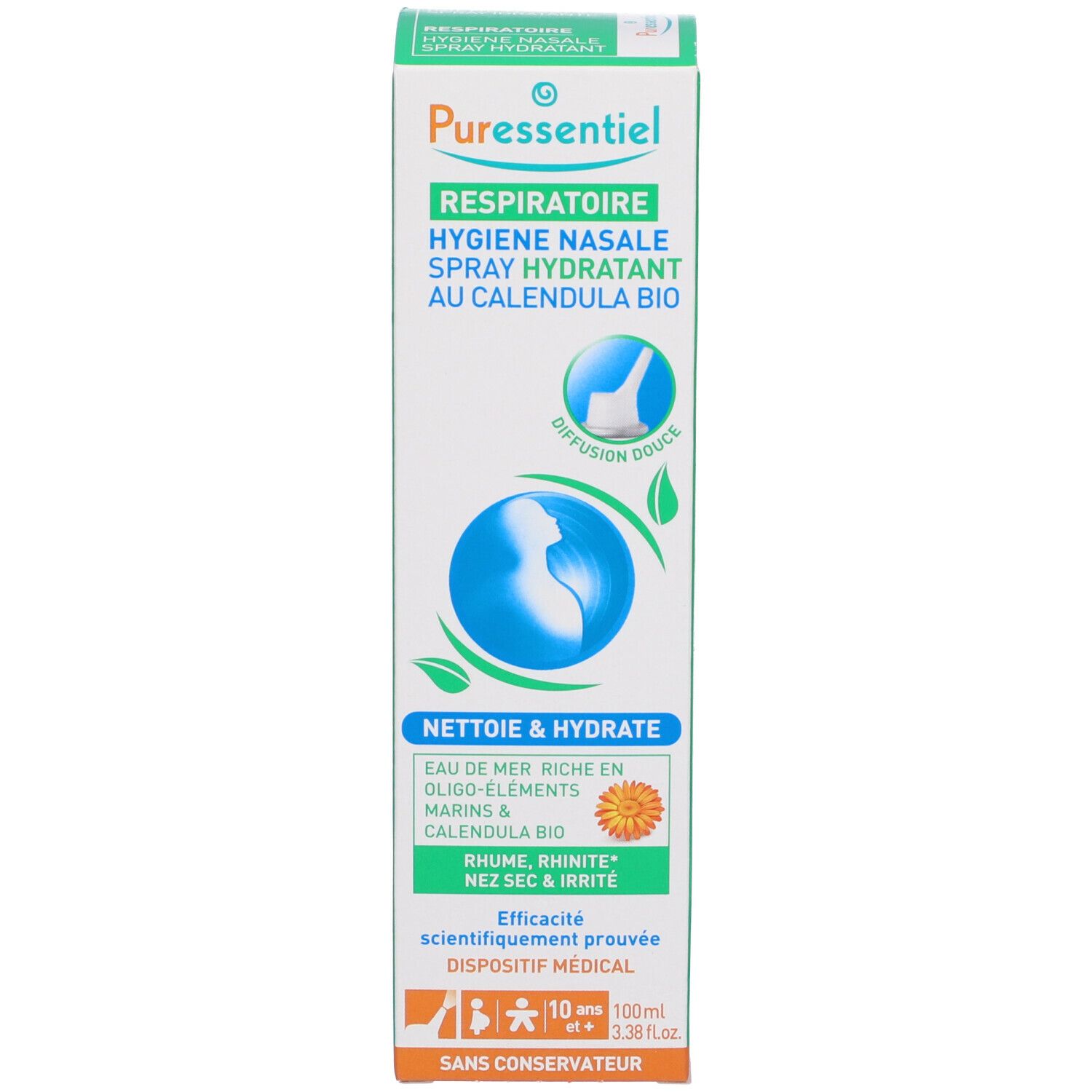 Confezione del prodotto. Scritta: Puressentiel, Respiratory, Hygiene Nasale, Spray Hydratant. Con marchio Bio.