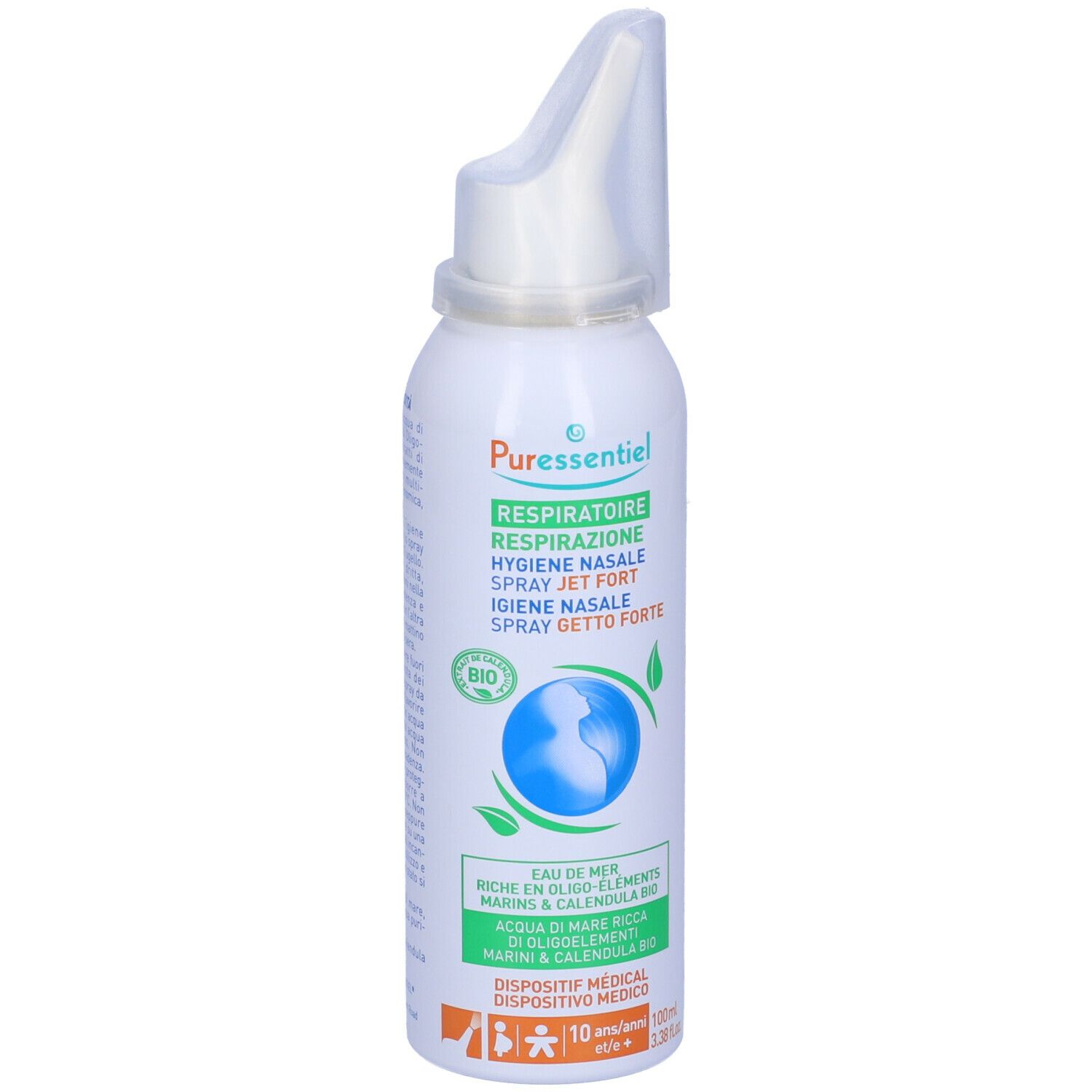 Spray bianco con beccuccio bianco. Testo: Puressentiel, Respirazione, Hygiene Nasale, Spray Jet Fort. Certificazione Bio.