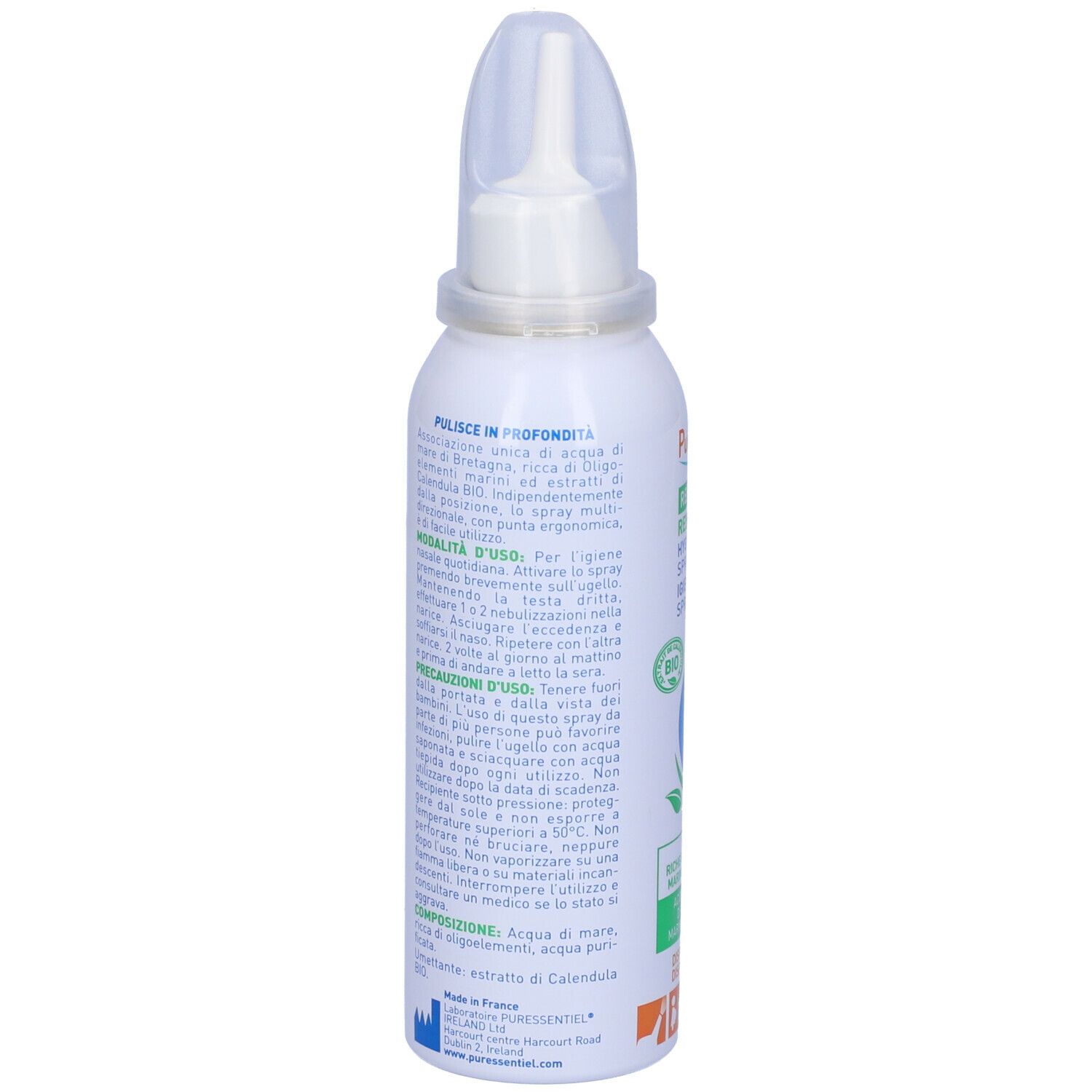 Retro dello spray bianco. Testo: Puressentiel, Modo d'uso, Ingredienti. Certificazione Bio. Dispositivo medico.
