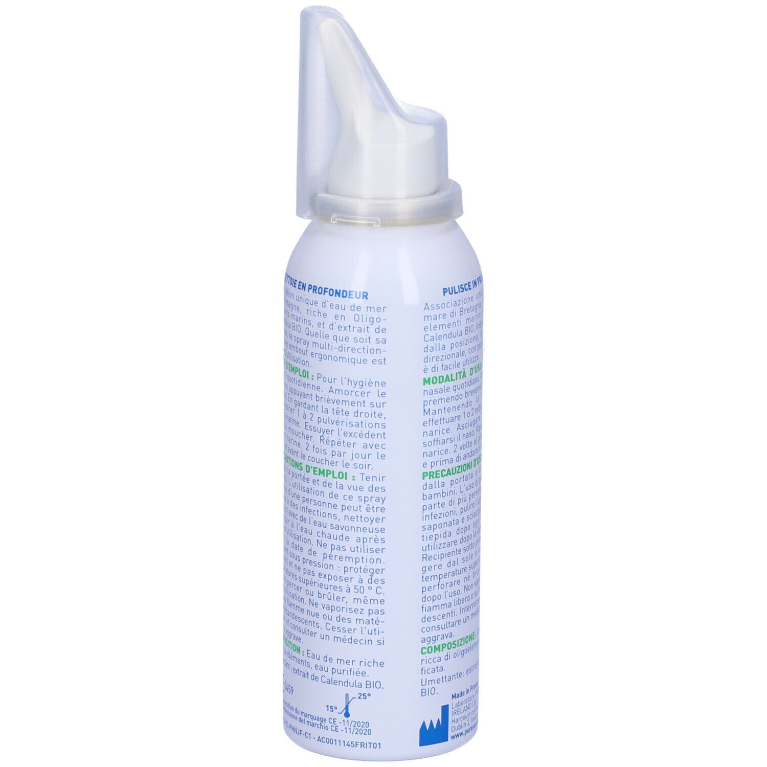 Retro dello spray bianco. Testo: Puressentiel, Modo d'uso, Ingredienti. Certificazione Bio. Dispositivo medico.