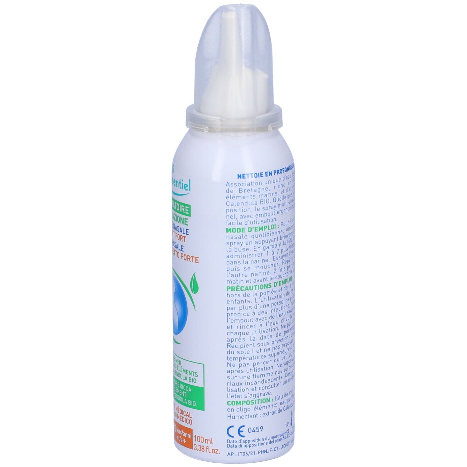 Retro dello spray bianco. Testo: Puressentiel, Modo d'uso, Ingredienti. Certificazione Bio. Dispositivo medico.