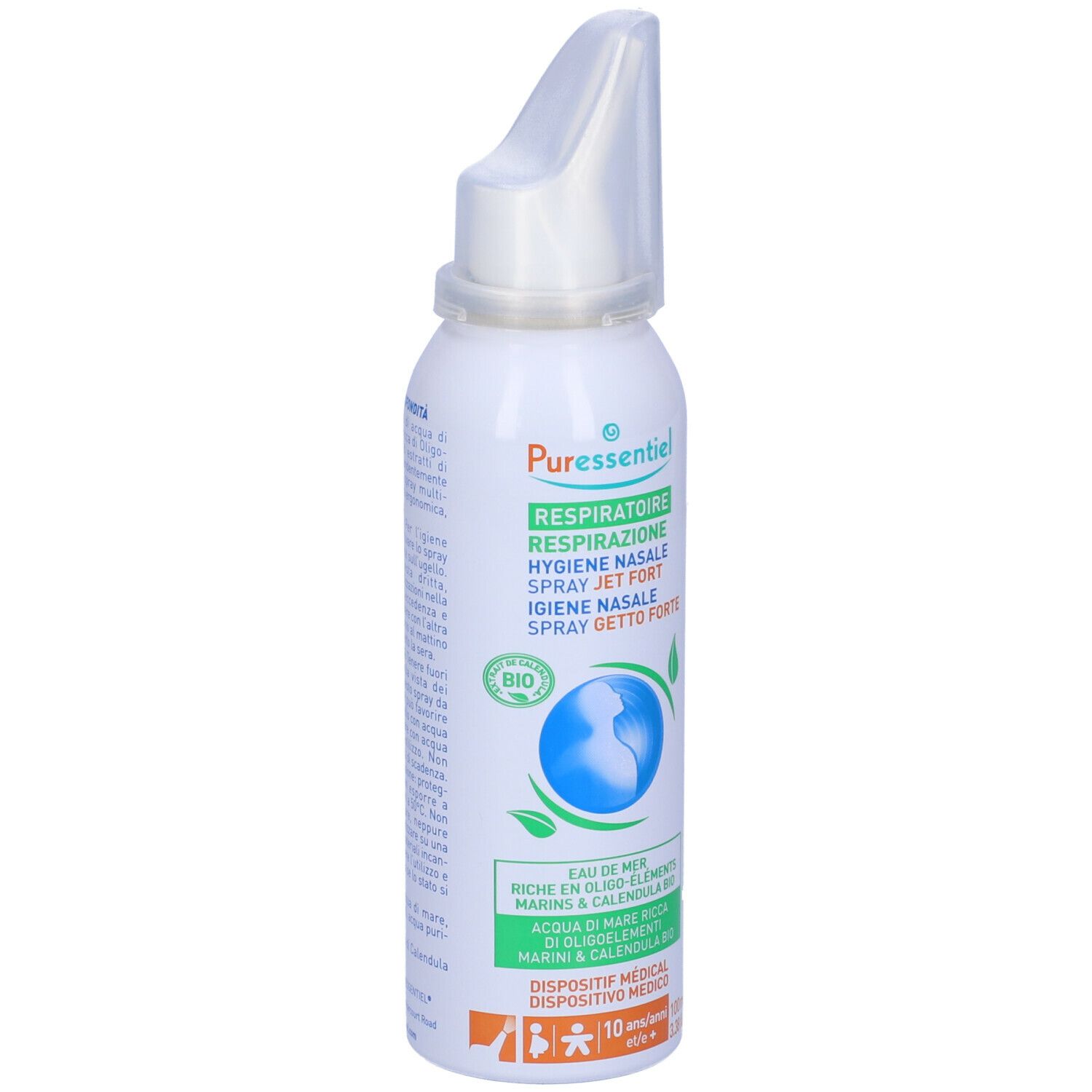 Spray bianco con beccuccio bianco. Testo: Puressentiel, Respirazione, Hygiene Nasale, Spray Jet Fort. Certificazione Bio.