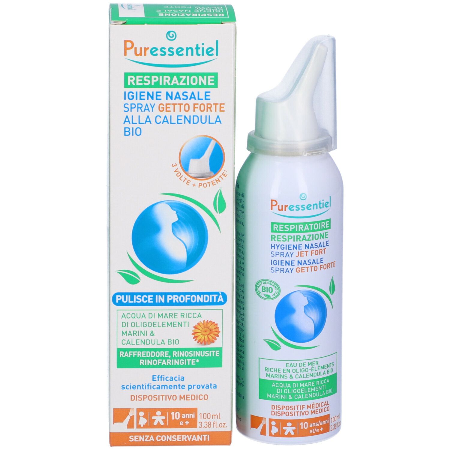 Prodotto e confezione. Spray bianco, testo: Puressentiel, Respirazione, Hygiene Nasale, Spray Jet Fort. Certificazione Bio.
