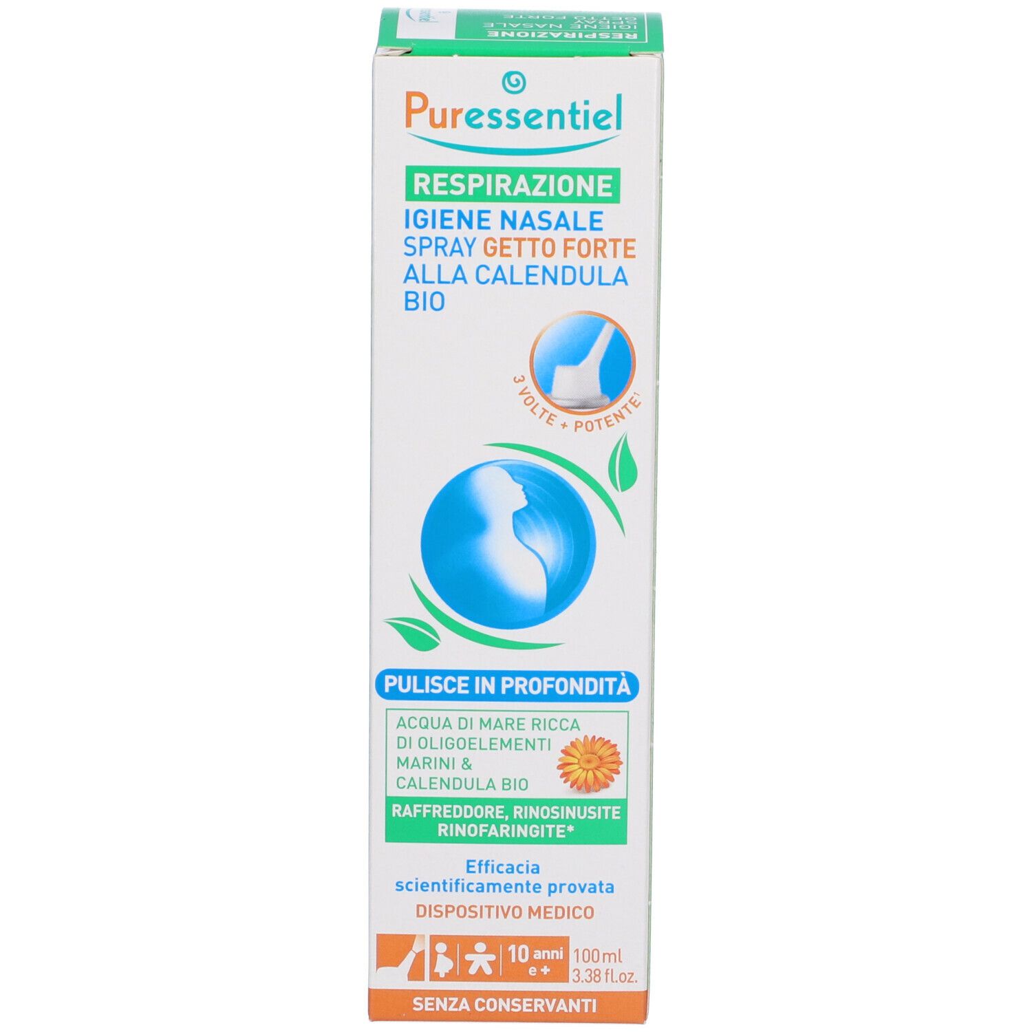 Confezione. Testo: Puressentiel, Respirazione, Hygiene Nasale, Spray Jet Fort. Certificazione Bio. Dispositivo medico.