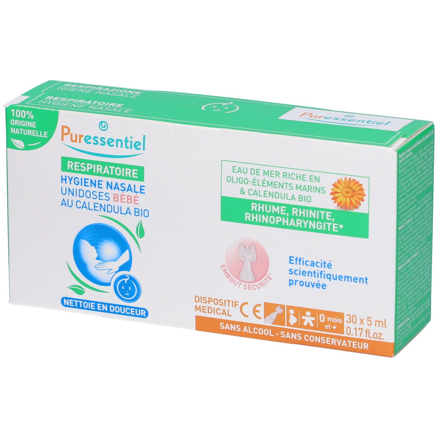 Confezione Puressentiel. Igiene nasale bebé unidosi. Contiene 30 dosi. Con calendula bio. Dispositivo medico.