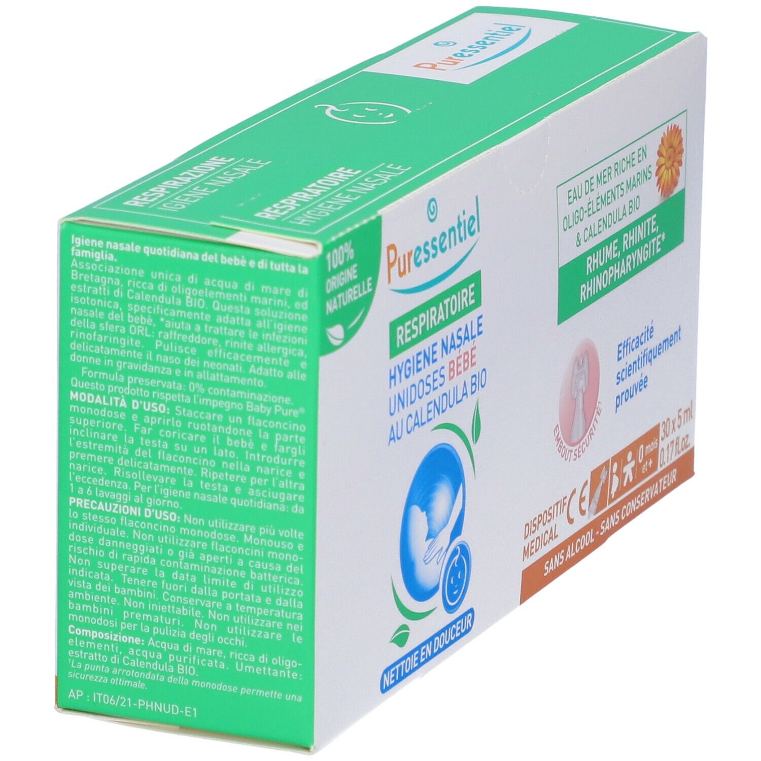 Confezione Puressentiel. Igiene nasale bebé. Con calendula bio. Dispositivo medico. Contiene 30 dosi.