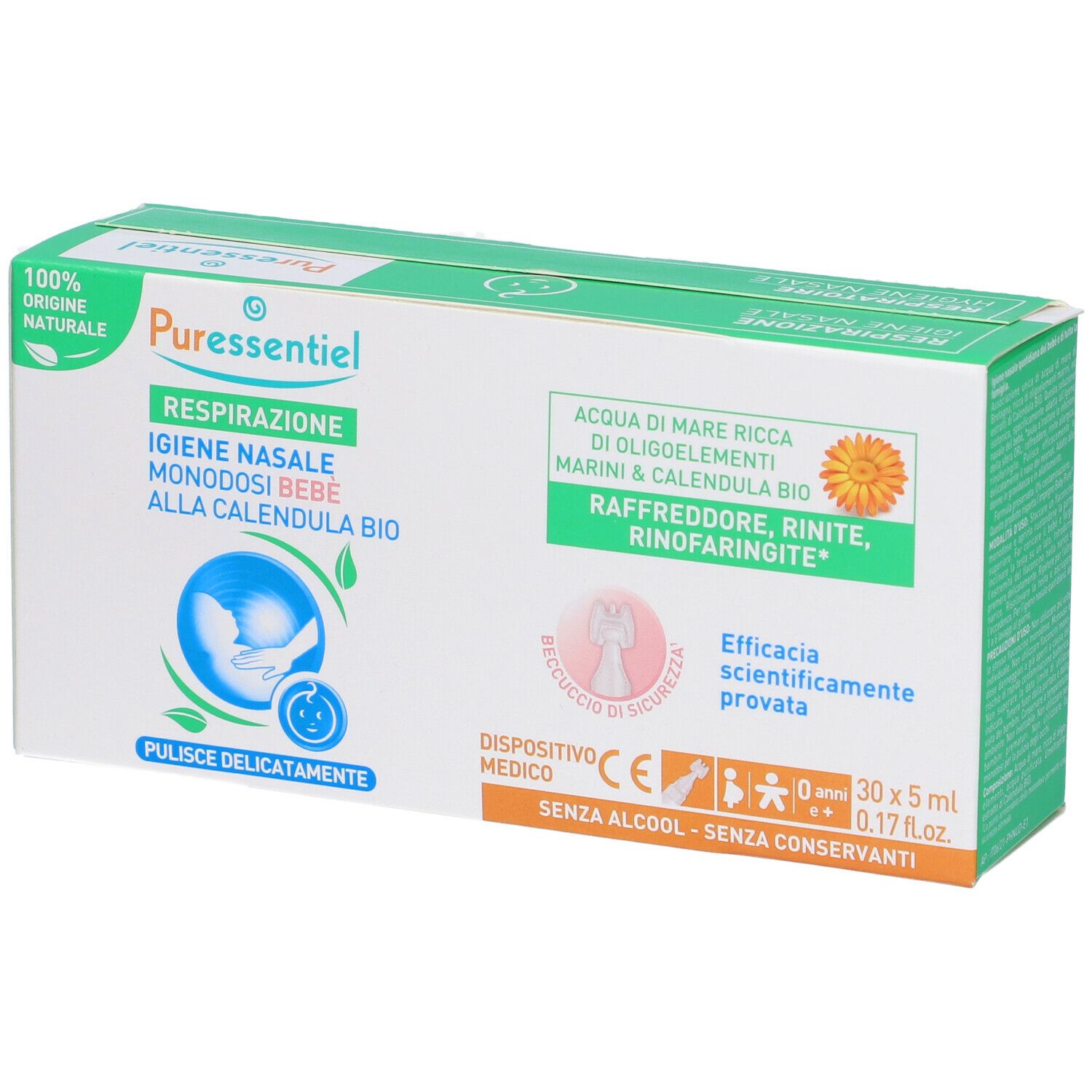 Confezione Puressentiel. Igiene nasale bebé. Con calendula bio. Dispositivo medico. Contiene 30 dosi.