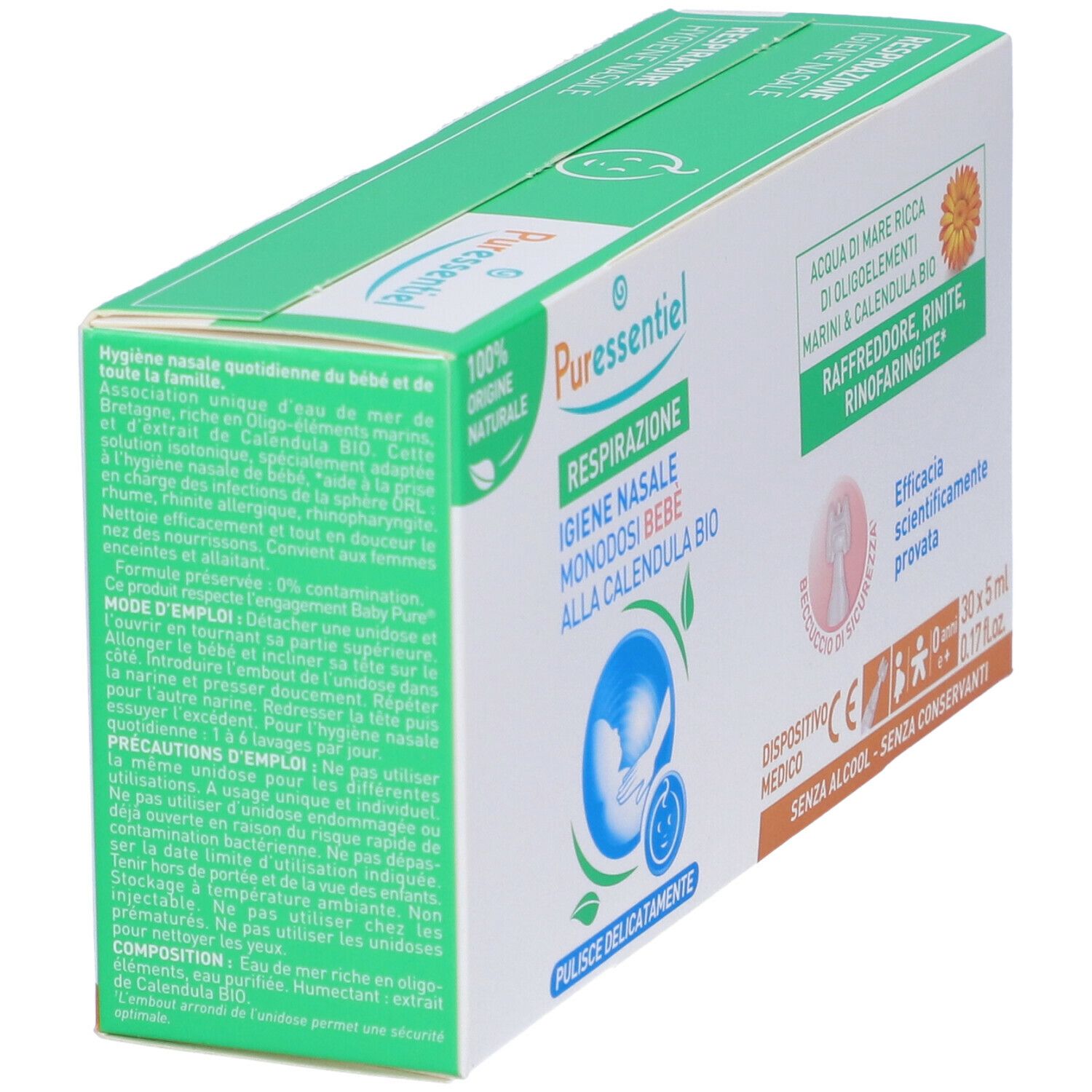 Confezione Puressentiel. Igiene nasale bebé. Con calendula bio. Dispositivo medico. Contiene 30 dosi.