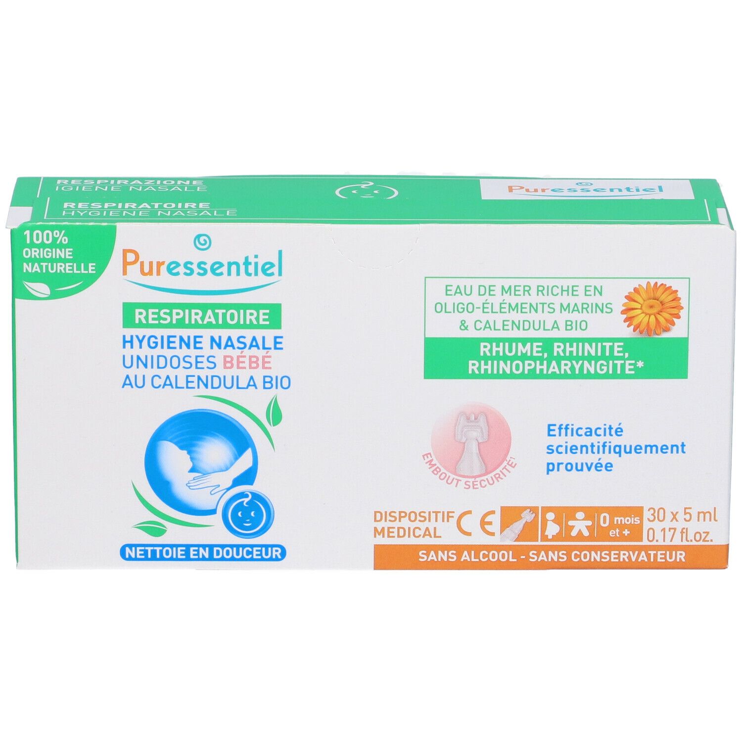 Confezione Puressentiel. Igiene nasale bebé unidosi. Contiene 30 dosi. Con calendula bio. Dispositivo medico.