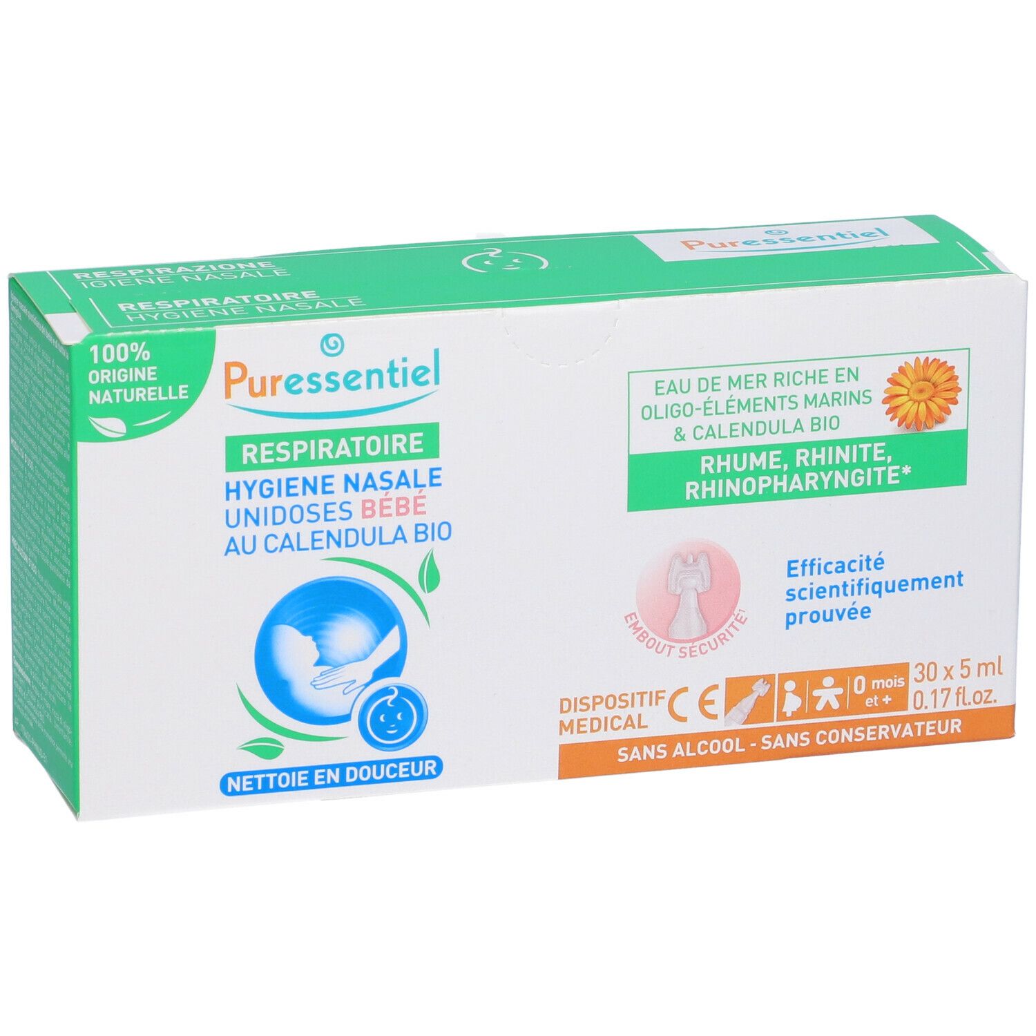 Confezione Puressentiel. Igiene nasale bebé unidosi. Contiene 30 dosi. Con calendula bio. Dispositivo medico.