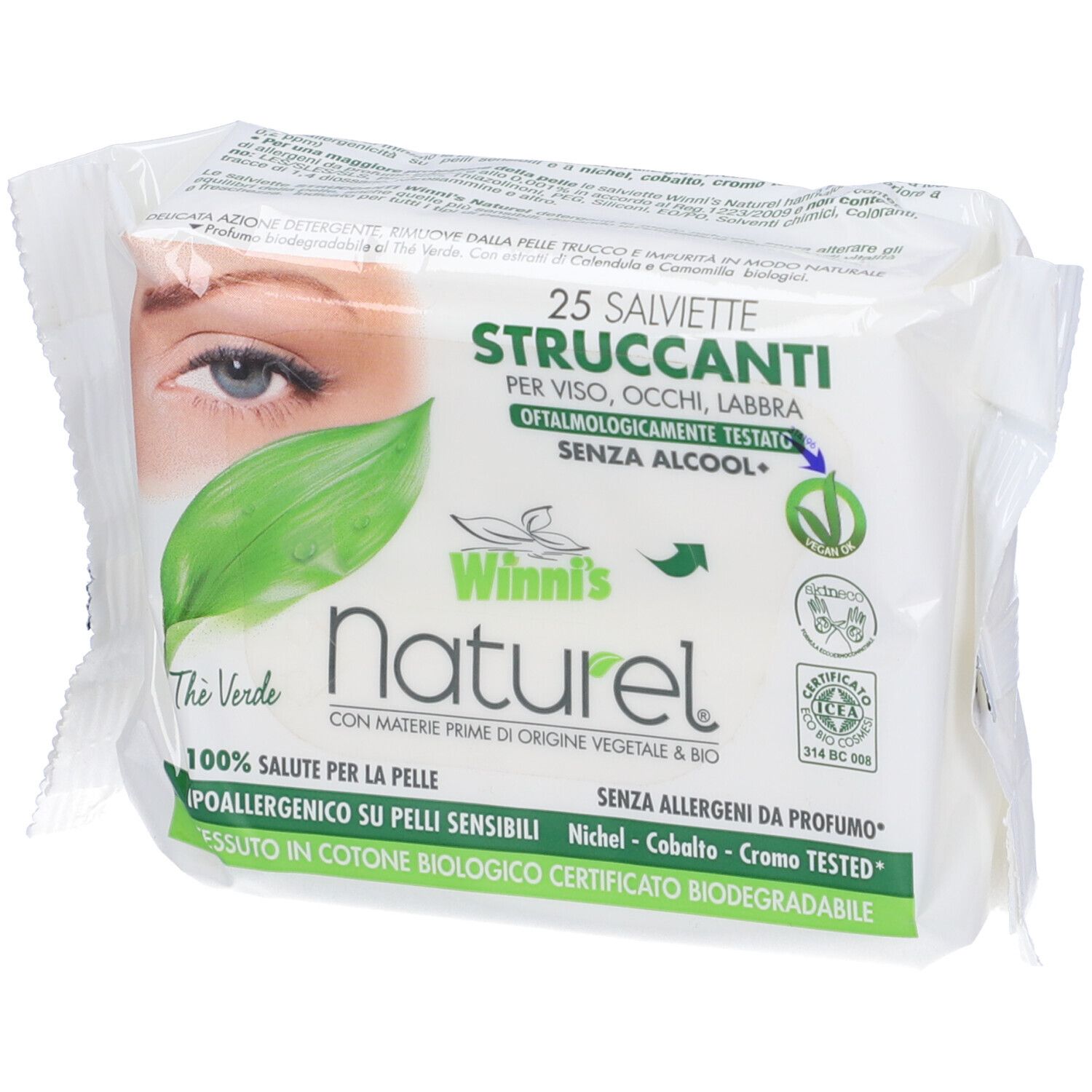 Confezione di 25 salviette struccanti. Scritta: Winni's naturel, The Verde. Certificazioni e loghi.
