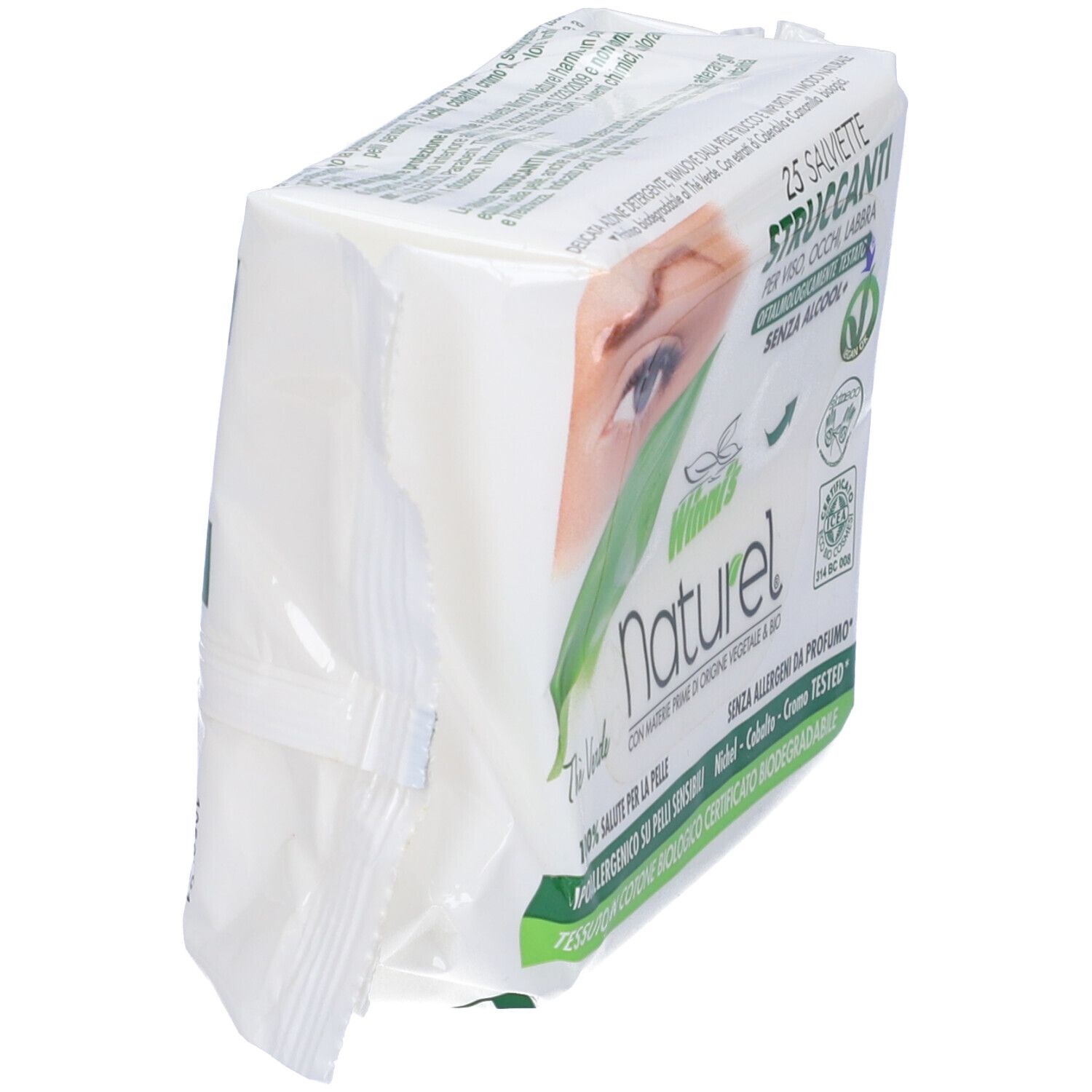 Confezione di 25 salviette struccanti. Scritta: Winni's naturel, The Verde. Vista obliqua.
