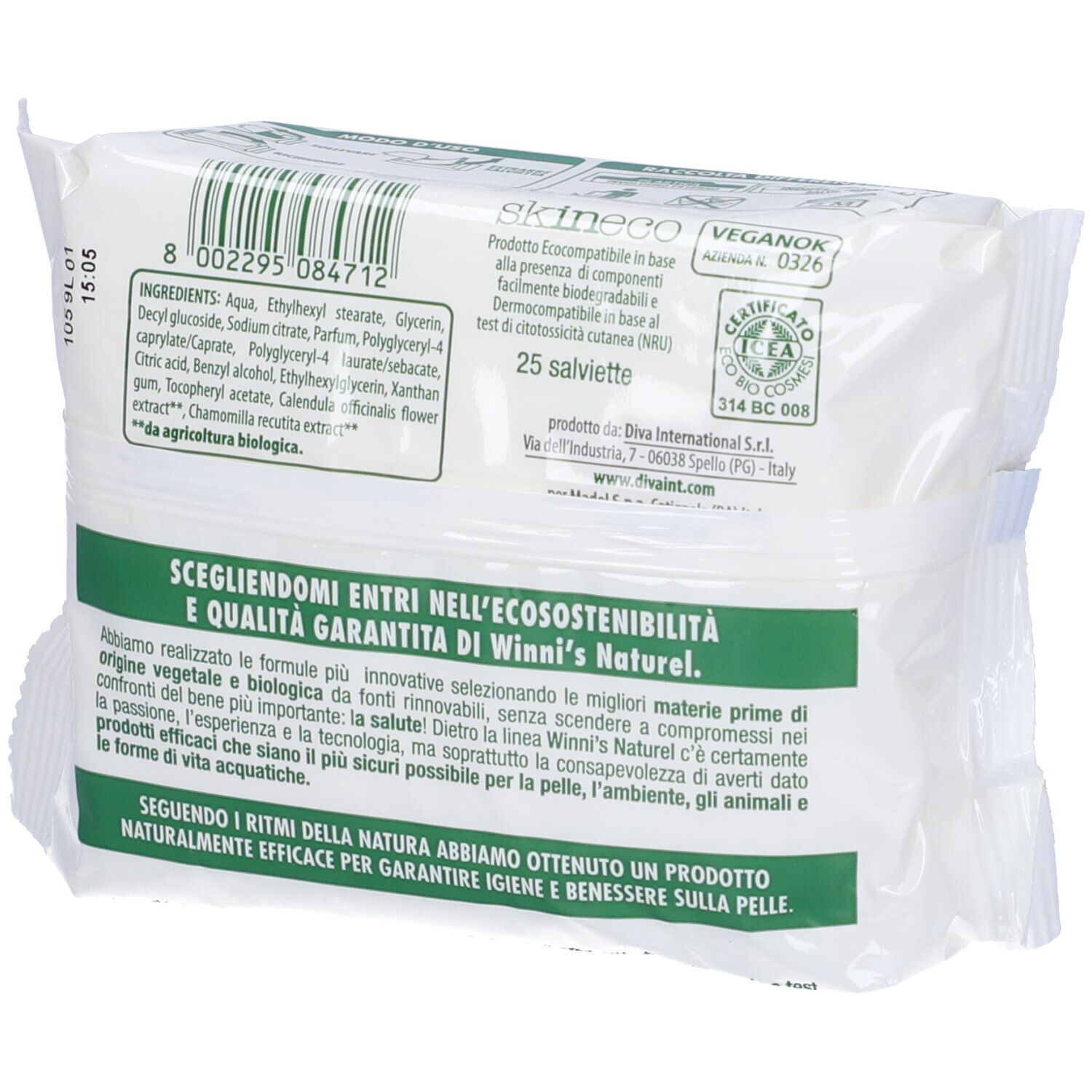 Retro della confezione di 25 salviette struccanti. Testo: ingredienti, informazioni produttore, certificazioni.