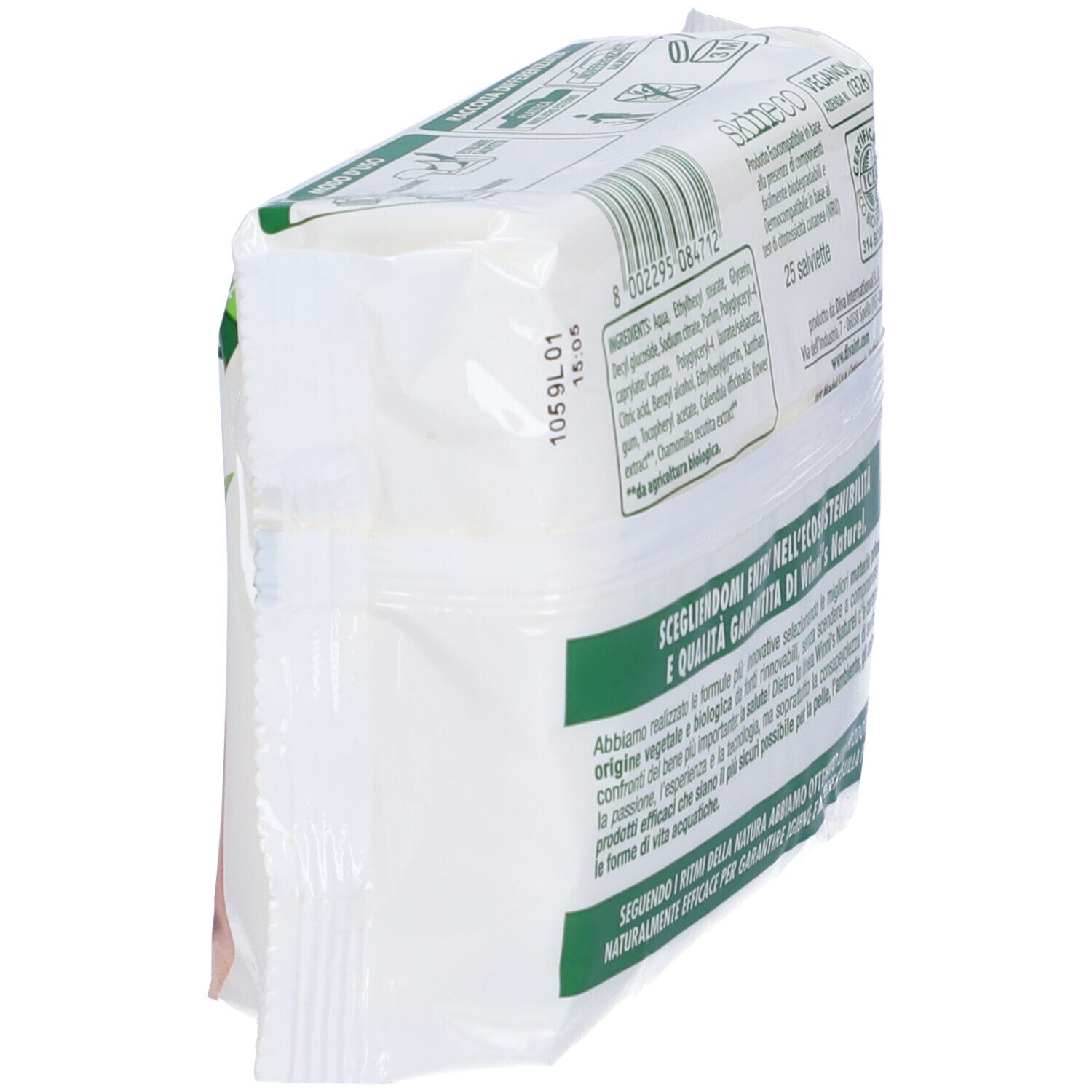 Retro della confezione di 25 salviette struccanti. Testo e loghi. Vista obliqua.