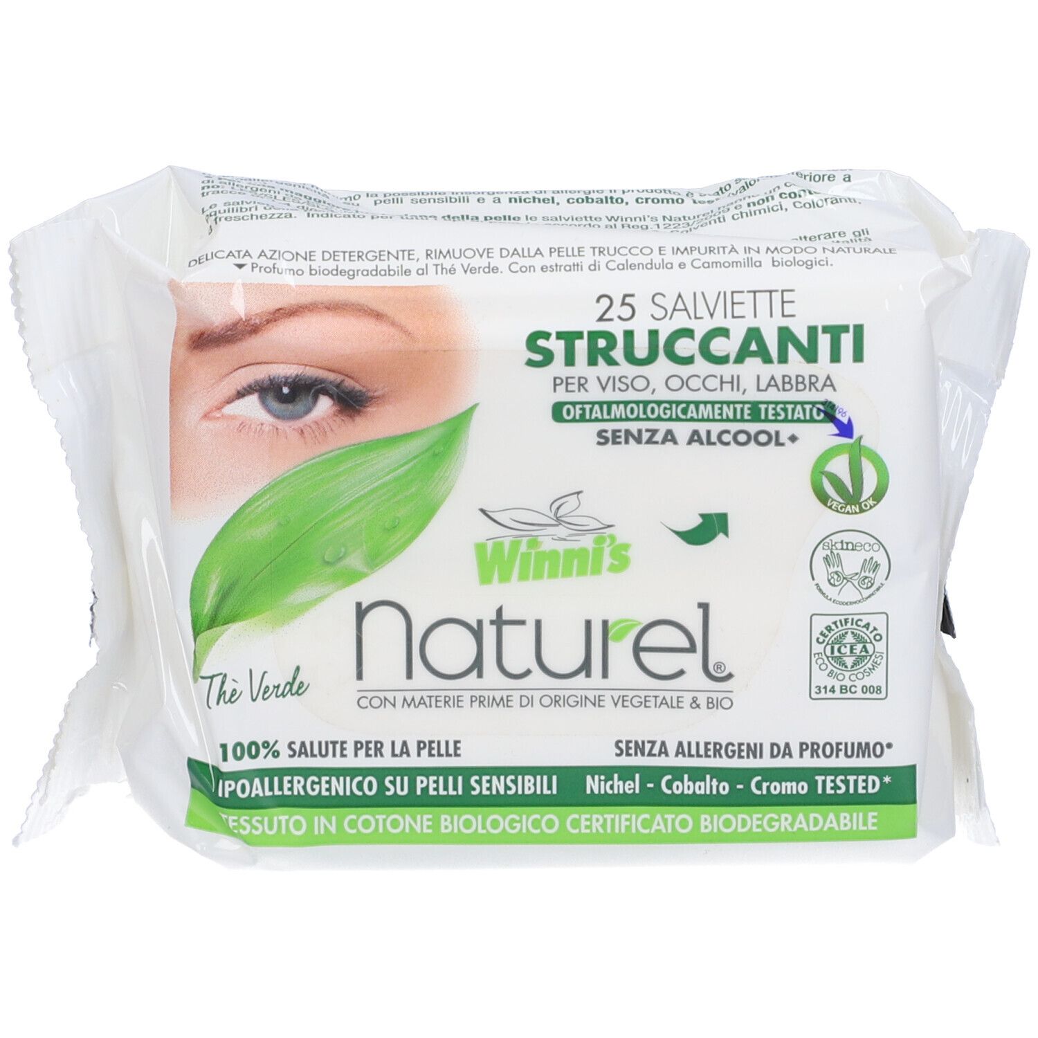Confezione di 25 salviette struccanti. Scritta: Winni's naturel, The Verde. Certificazioni e loghi.