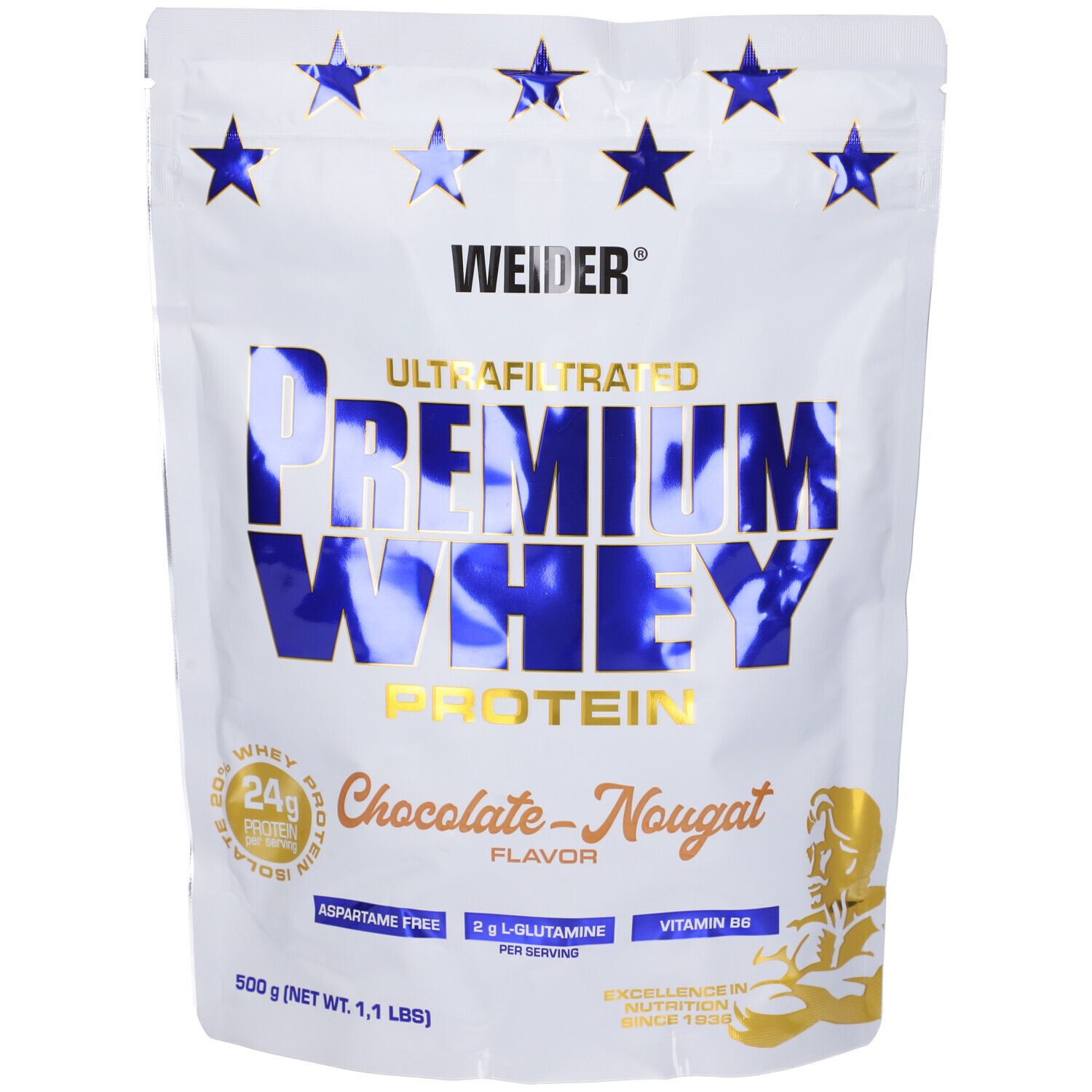 Confezione Weider Premium Whey Protein, bianca con testo blu. Gusto cioccolato-torrone. 500g.