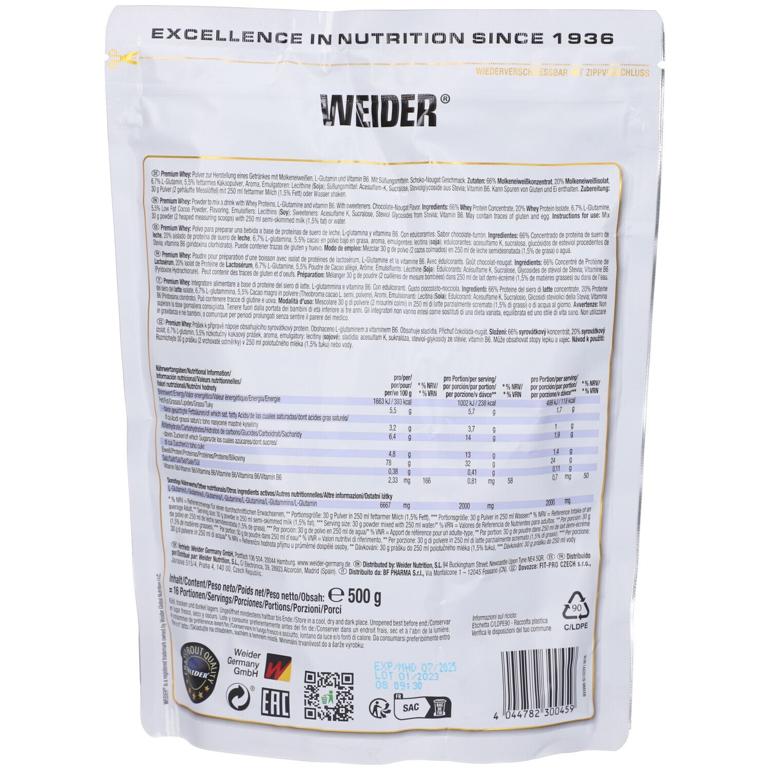 Retro confezione Weider Premium Whey Protein. Contiene informazioni nutrizionali e lista ingredienti. 500g.