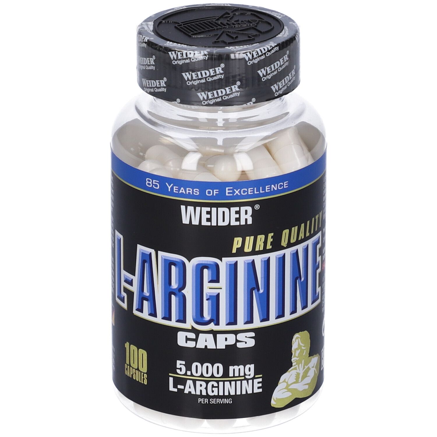 Capsule di L-Arginina Weider in flacone trasparente. Etichetta nera con dettagli blu. 100 capsule, 5.000 mg di L-Arginina.