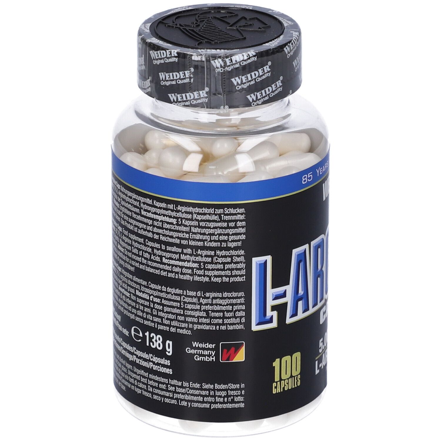 Capsule di L-Arginina Weider. Flacone trasparente con etichette nere e blu. Contiene 100 capsule. Informazioni sul prodotto sul retro.