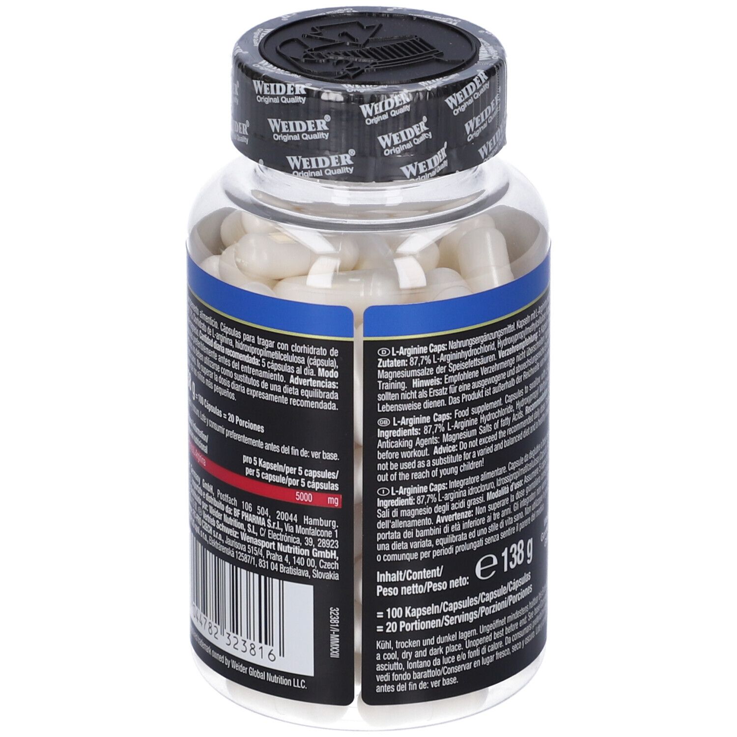 Capsule di L-Arginina Weider. Flacone trasparente con etichetta nera. Contiene 100 capsule. Informazioni sul prodotto e nutrizionali sul retro.